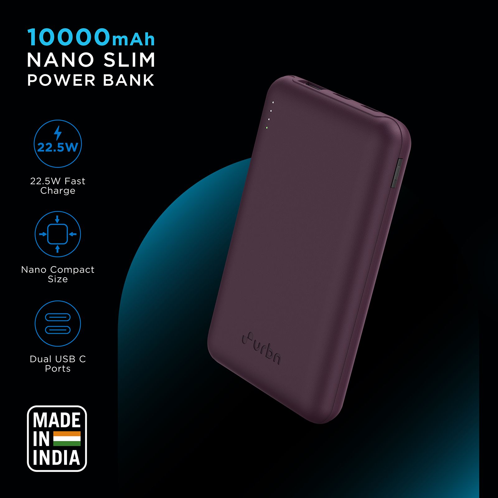 urbn Nano Slim 10000 mAh 22.5W Fast Charging Power Bank (2 Type C & 1 Type A Ports, 12 Layers Circuit Protection, Purple)_15