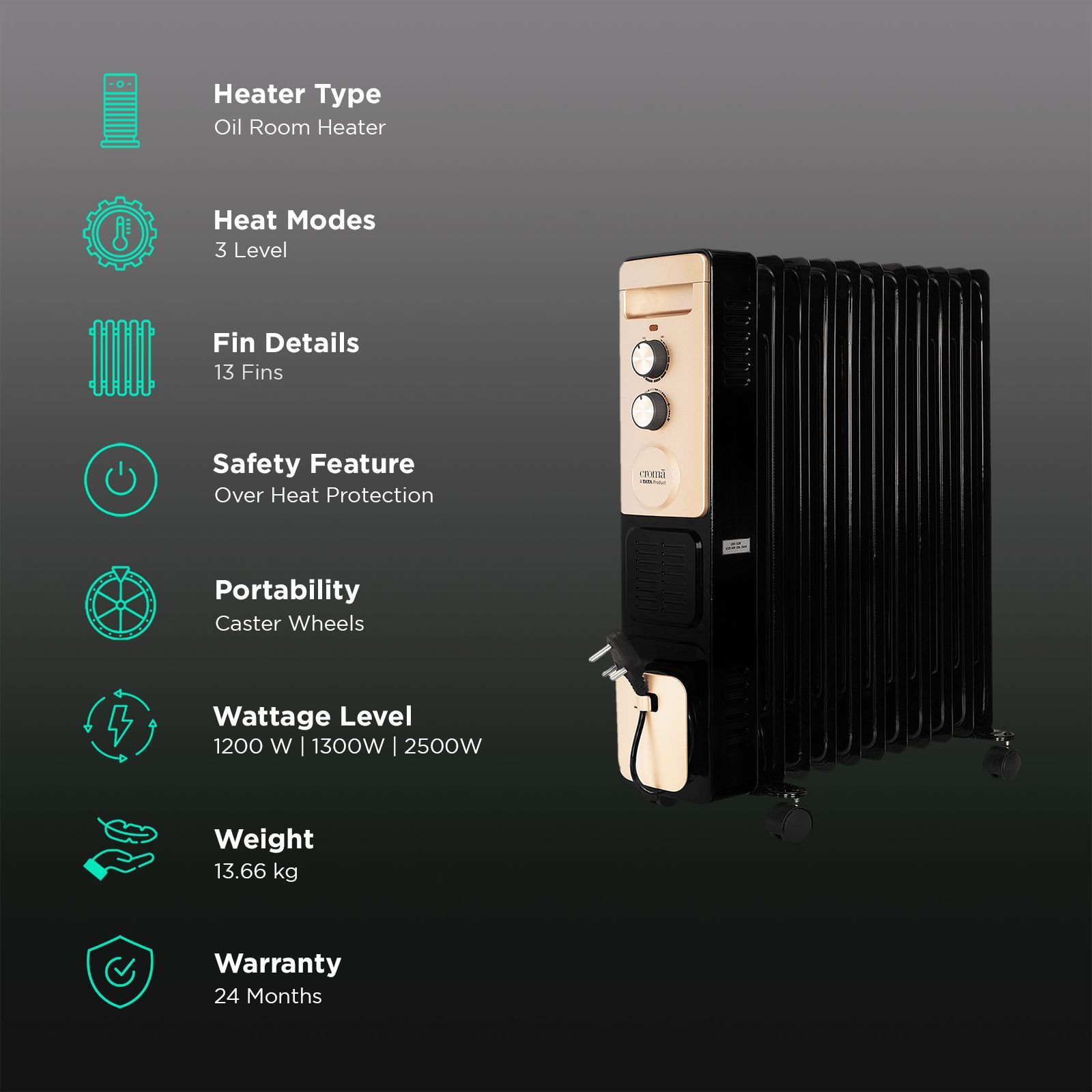 Croma 2900W PTC Fan Oil Filled Room Heater with 13 Fins (Thermostatic Knob, Black)_3