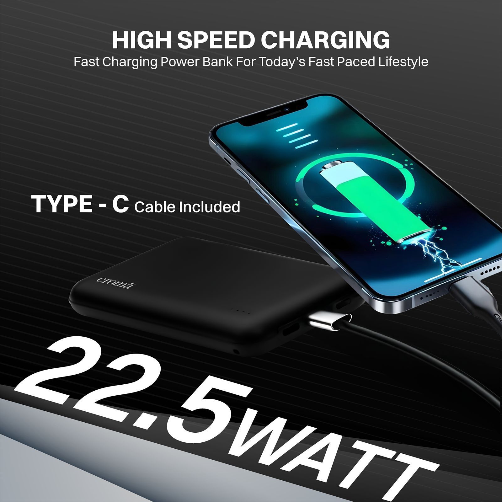Croma 10000 mAh 22.5W Fast Charging Power Bank (1 Type A & 1 Type C Ports, Over Voltage Protection, Black)_5