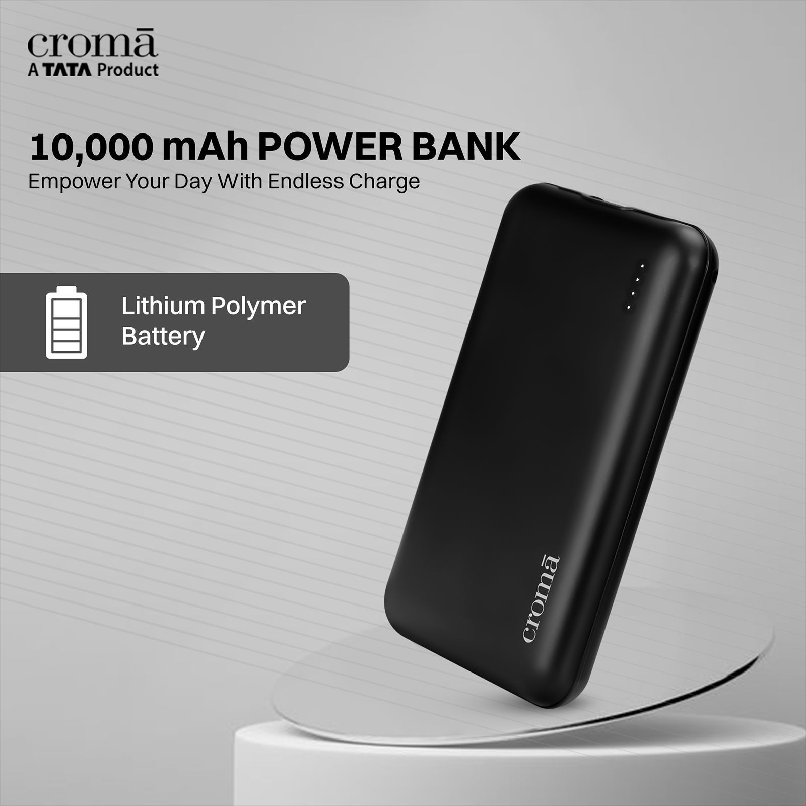 Croma 10000 mAh 22.5W Fast Charging Power Bank (1 Type A & 1 Type C Ports, Over Voltage Protection, Black)_10