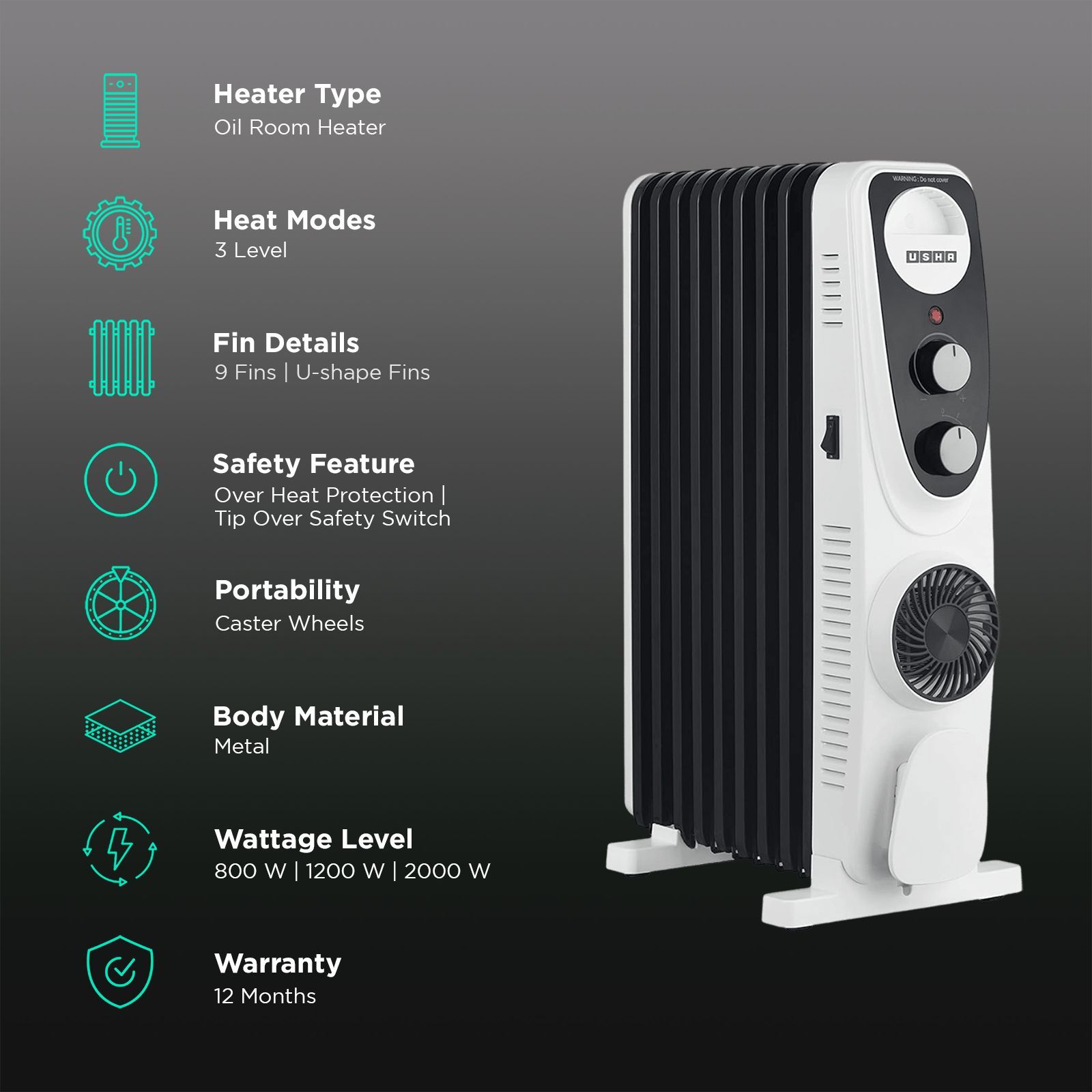 USHA 4209 FU 2000W PTC Oil Filled Radiator Room Heater with 9 Fins (Adjustable Thermostat_3