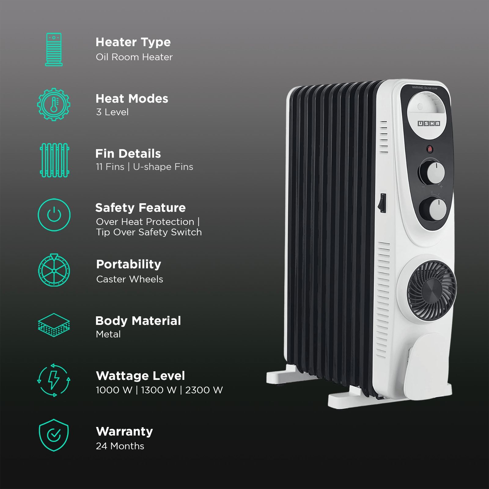 USHA 4211 FU 2300W PTC Oil Filled Radiator Room Heater with 11 Fins (Adjustable Thermostat_3