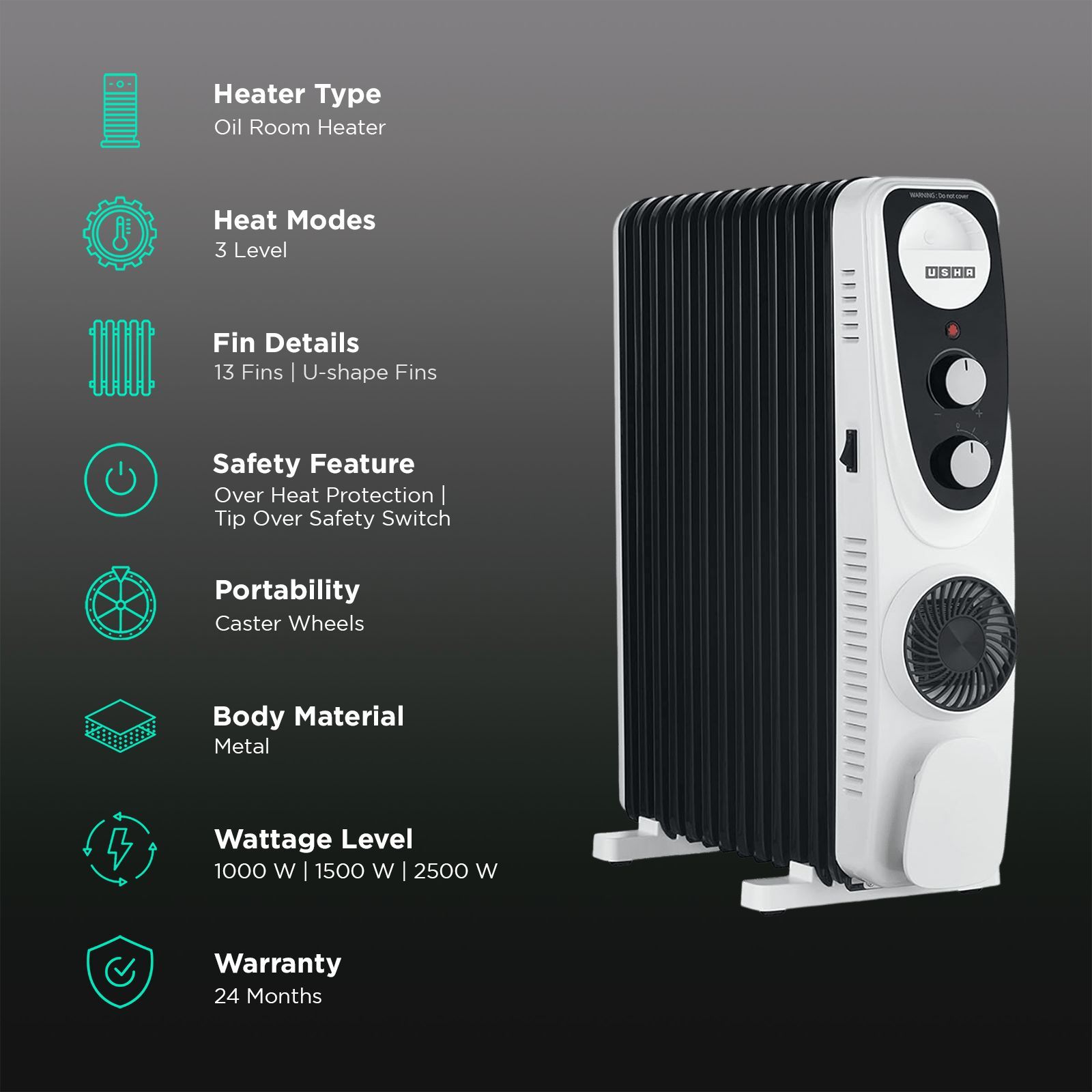 USHA 4213 FU 2500W PTC Oil Filled Radiator Room Heater with 13 Fins (Adjustable Thermostat_3