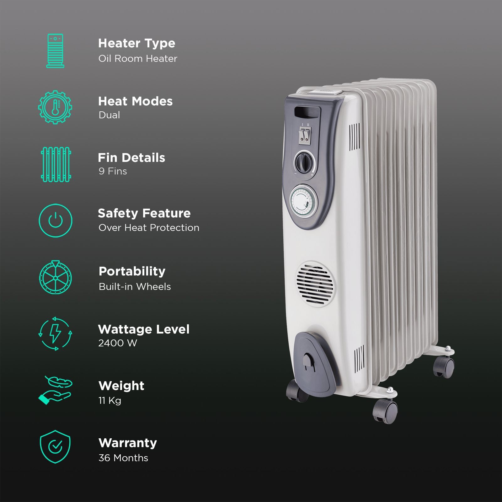 Russell Hobbs ROR09XLTF 2400W Oil Filled Radiator Room Heater with 9 Fins (24 Hour Adjustable Timer_3