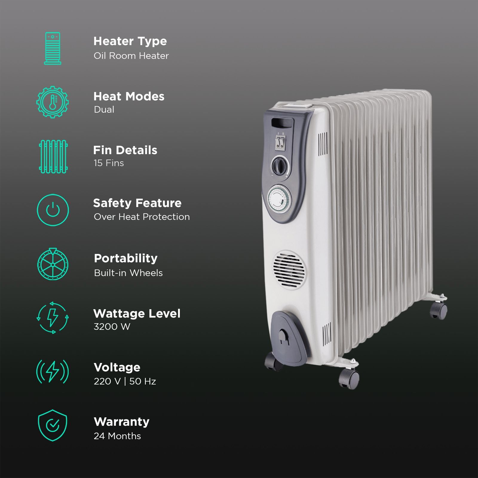 Russell Hobbs 3200 Watts Oil Filled Room Heater (24 Hour Adjustable Timer, ROR15XLTF, Grey)_3