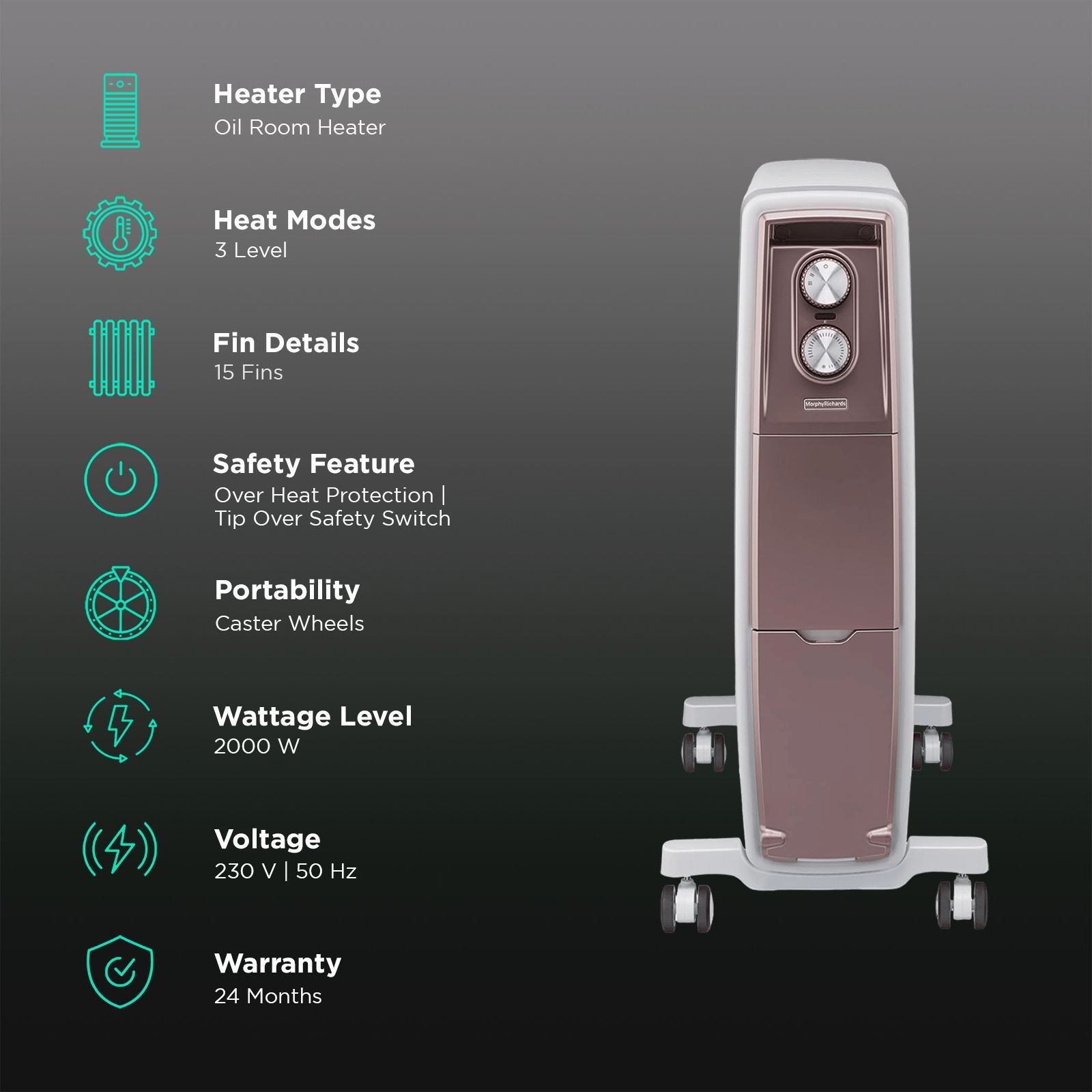 morphy richards Thermocore XR Analog 2000W Oil Filled Radiator Room Heater with 15 Fins (Twin Copper Heating Elements_3