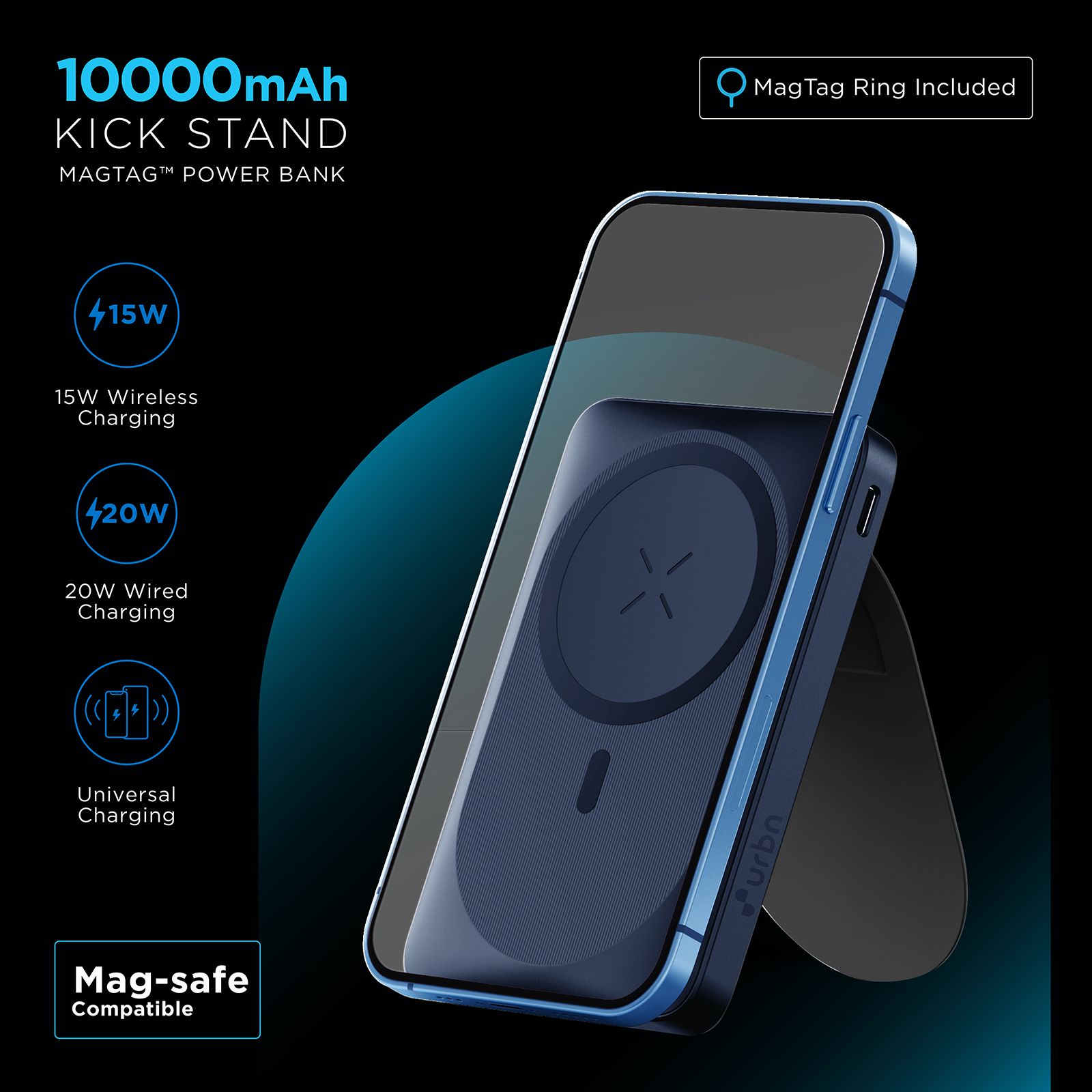 urbn UPR104 10000 mAh 20W Fast Charging Power Bank (1 Type A Port, 1 Type C Port & 1 Lightning Port, Multi Layer Circuit Protection, Blue)_10