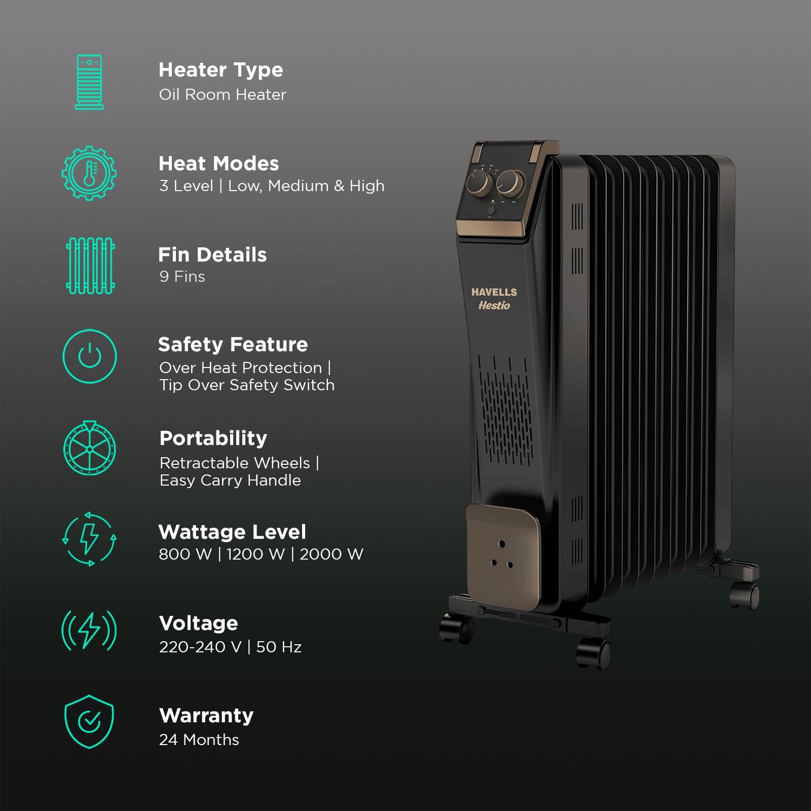 HAVELLS Hestio 2400W Oil Filled Radiator Room Heater with 9 Straight Fins (Thermostatic Heat Control_3