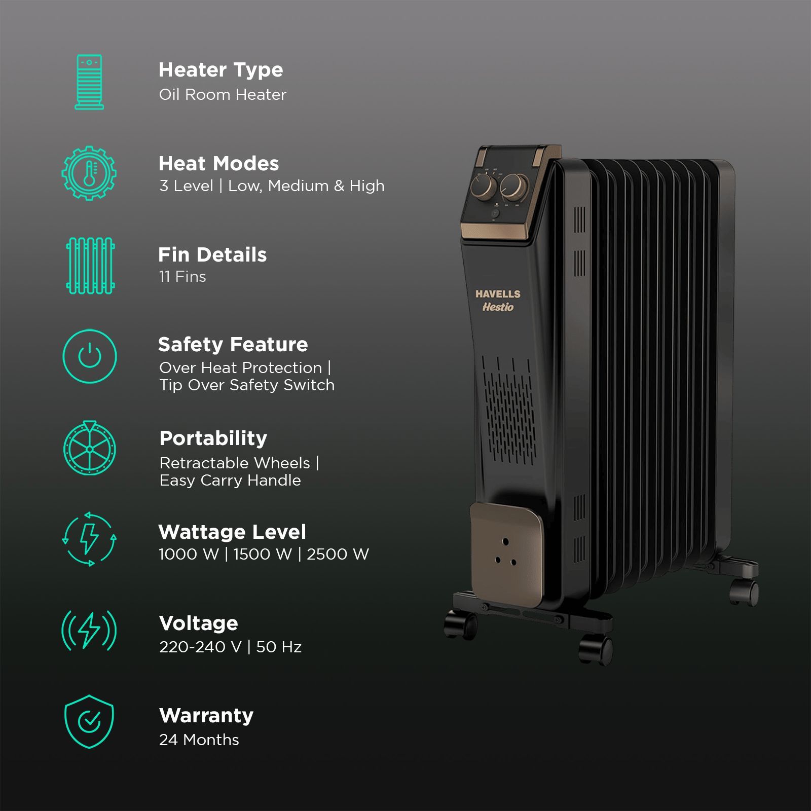 HAVELLS Hestio 2900W Oil Filled Radiator Room Heater with 11 Straight Fins (Thermostatic Heat Control_3