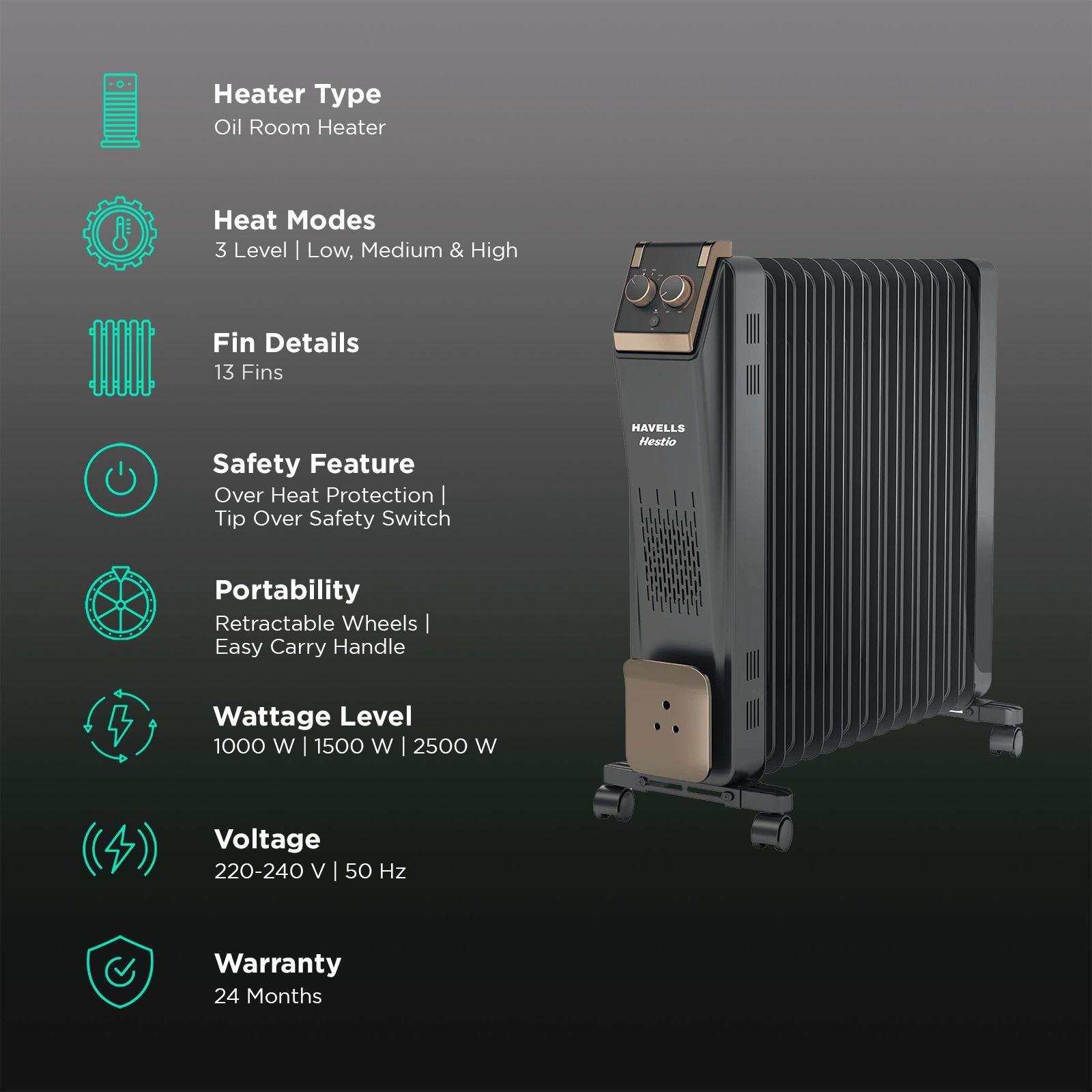 HAVELLS Hestio 2900W PTC Oil Filled Radiator Room Heater with 13 Straight Fins (Thermostatic Heat Control_3