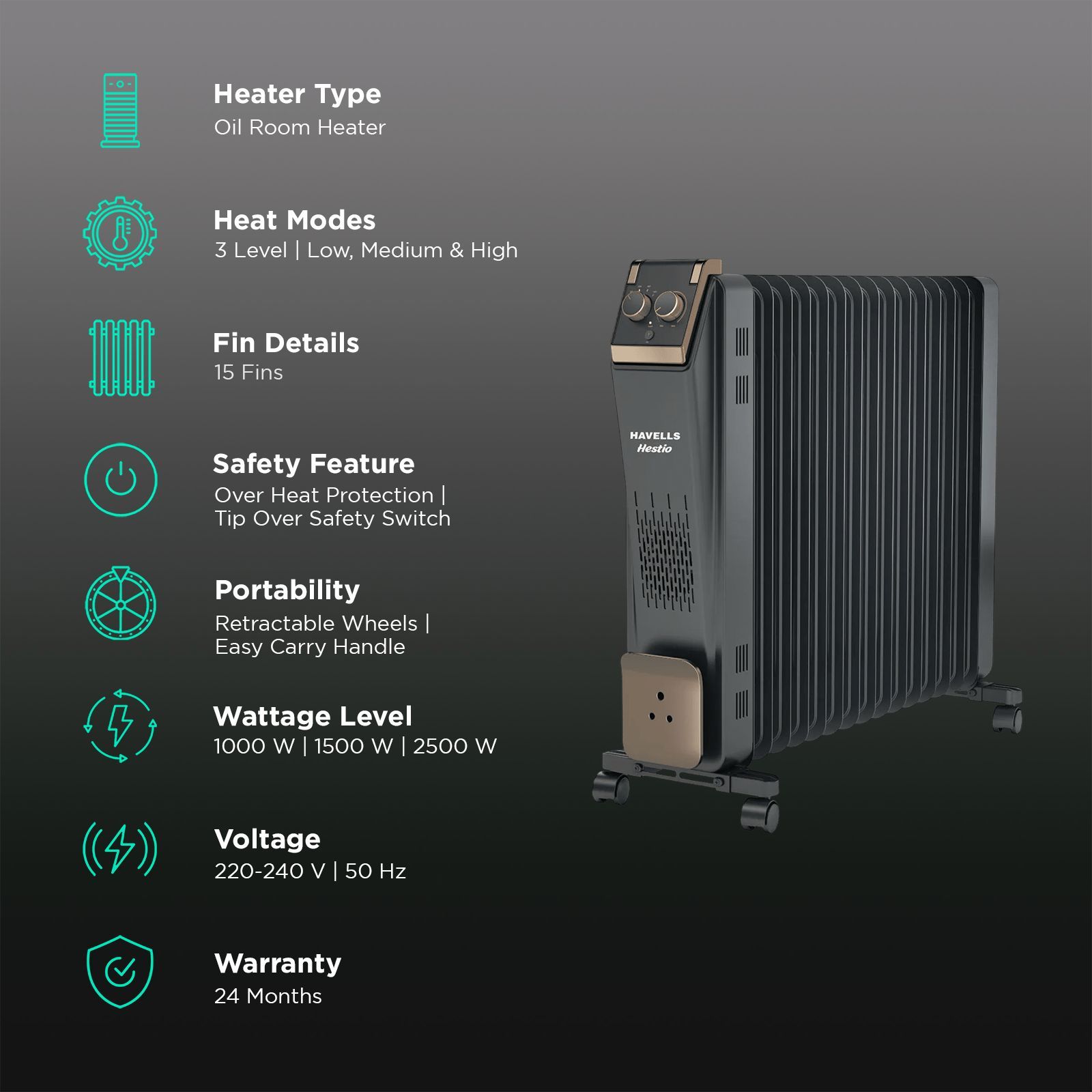 HAVELLS Hestio 2900W PTC Oil Filled Radiator Room Heater with 15 Straight Fins (Thermostatic Heat Control_3