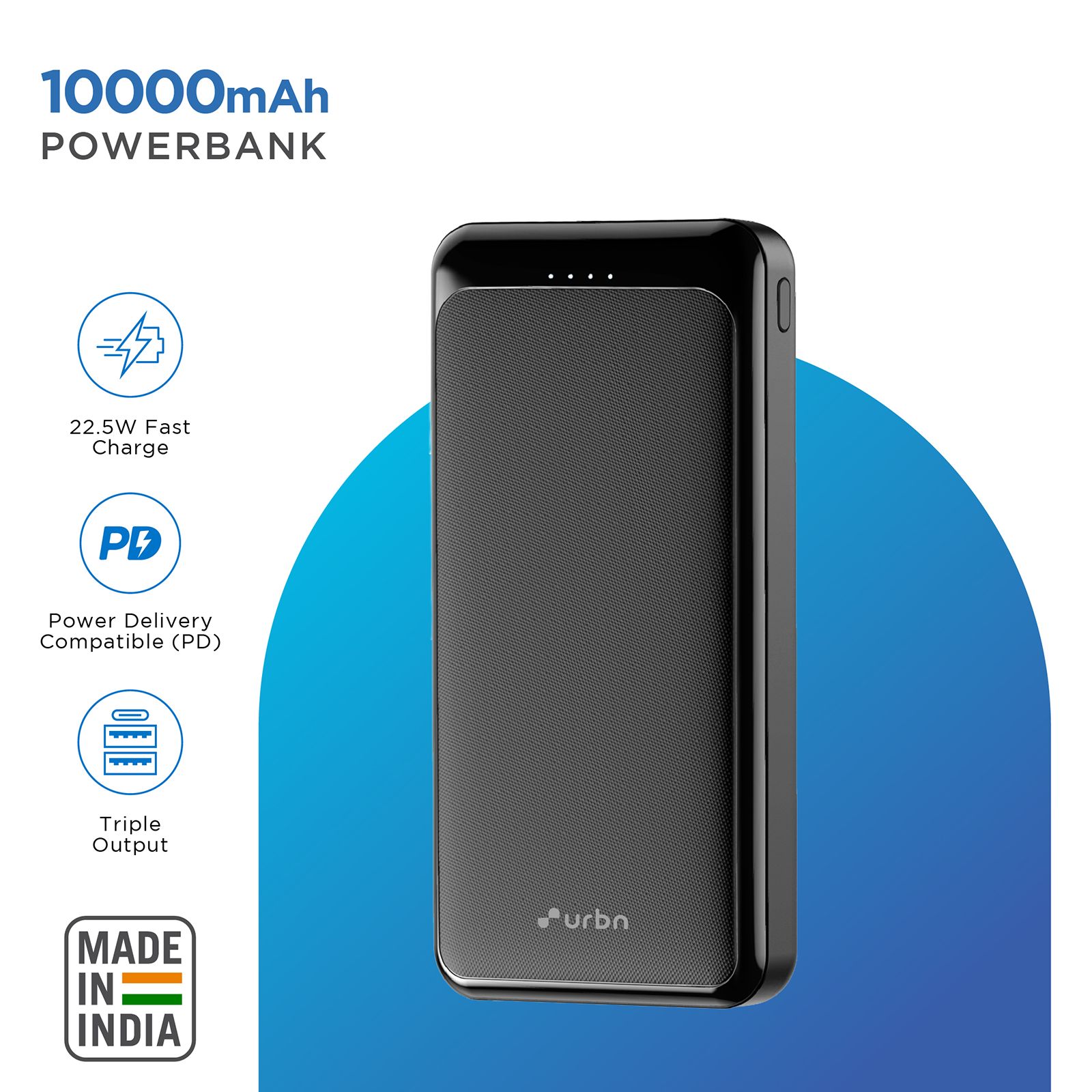 urbn 10000 mAh 22.5W Fast Charging Power Bank (1 Type C, 1 Micro USB & 2 Type A Port, 12 Layers Circuit Protection, Black)_4