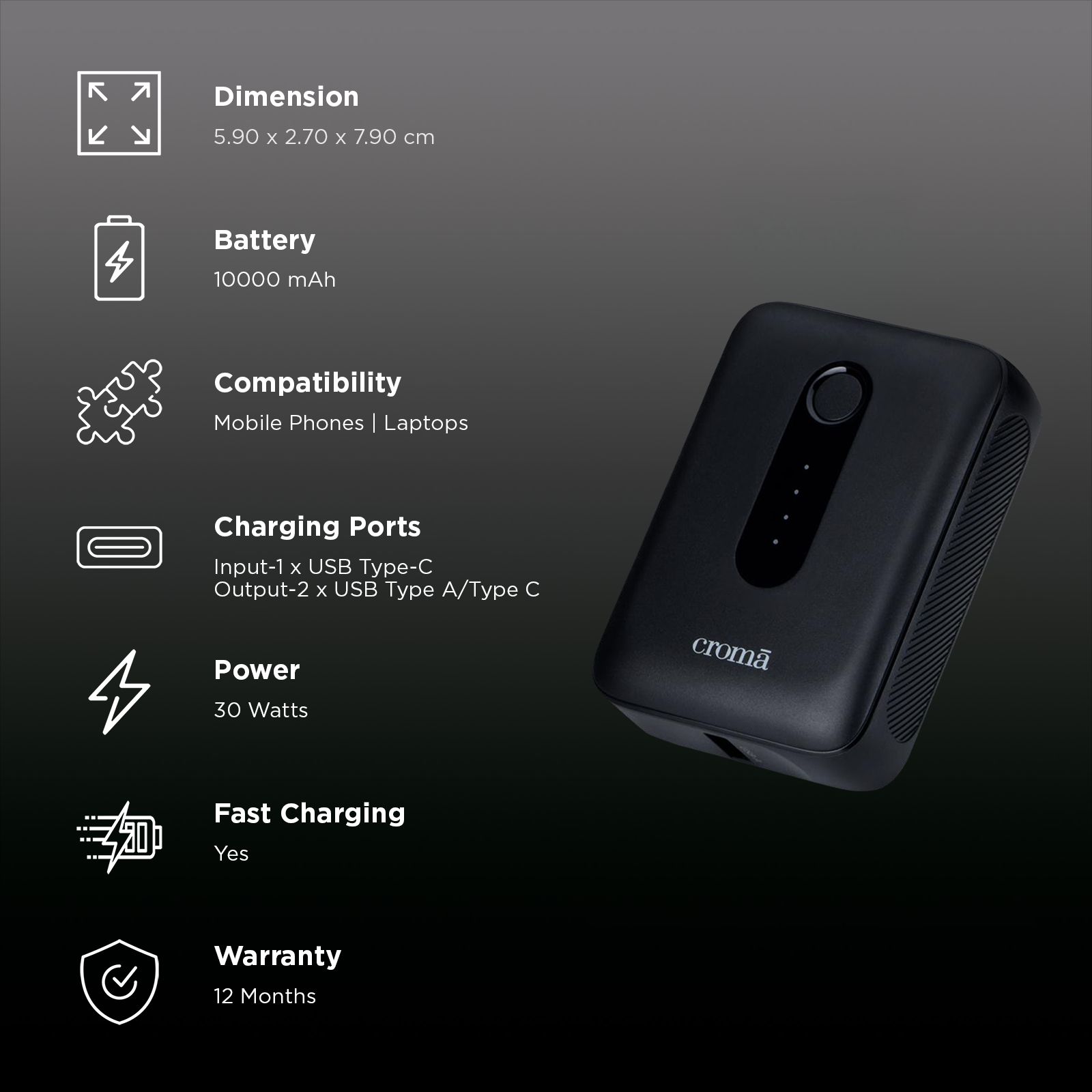 Croma Compact 10000 mAh 30W Fast Charging Power Bank (1 Type A & 1 Type C Port, Multi-Level Protection for Safe Charging, Black)_3