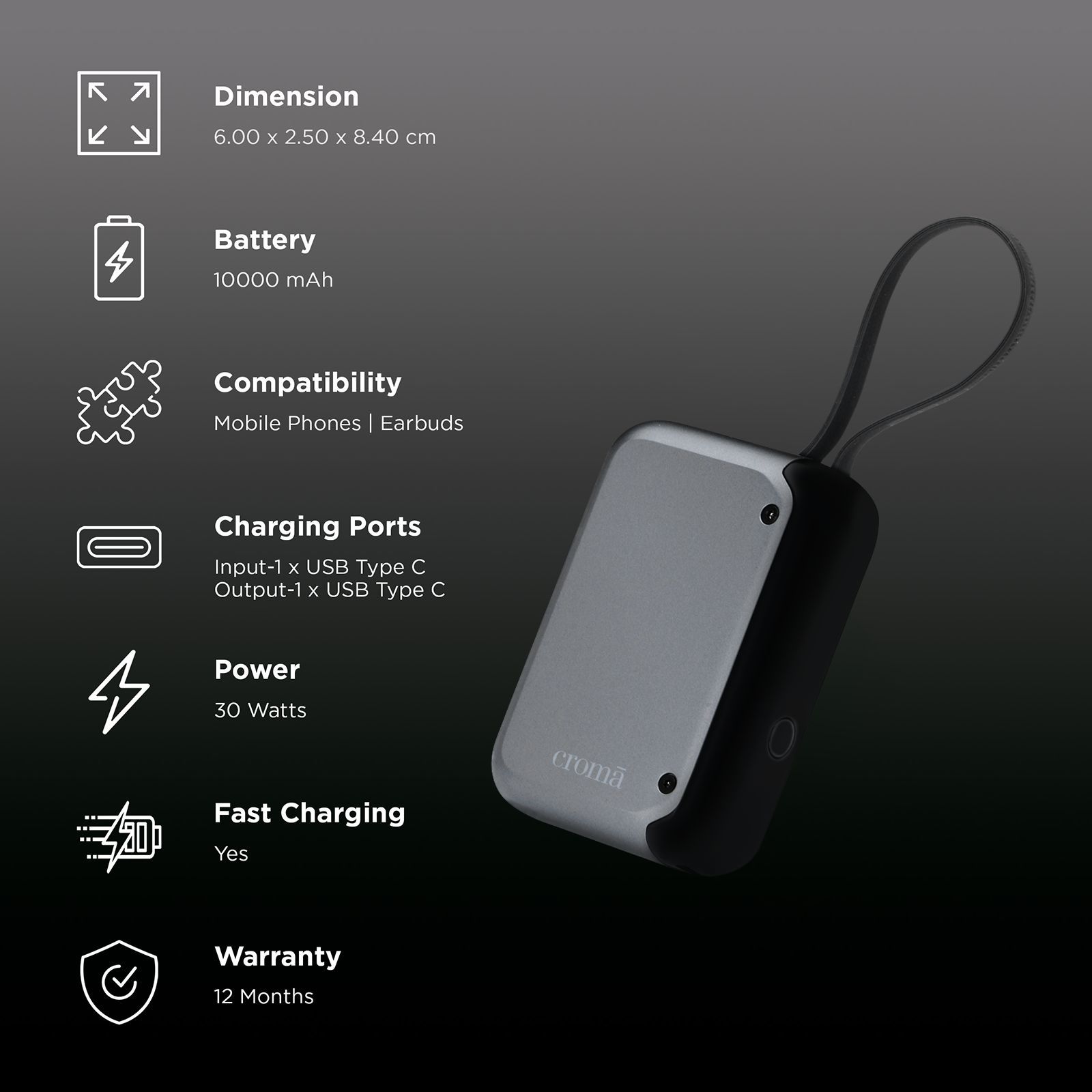 Croma 10000 mAh 30W Fast Charging Power Bank (1 Type C Port, Multiple Security Protection, Black)_3