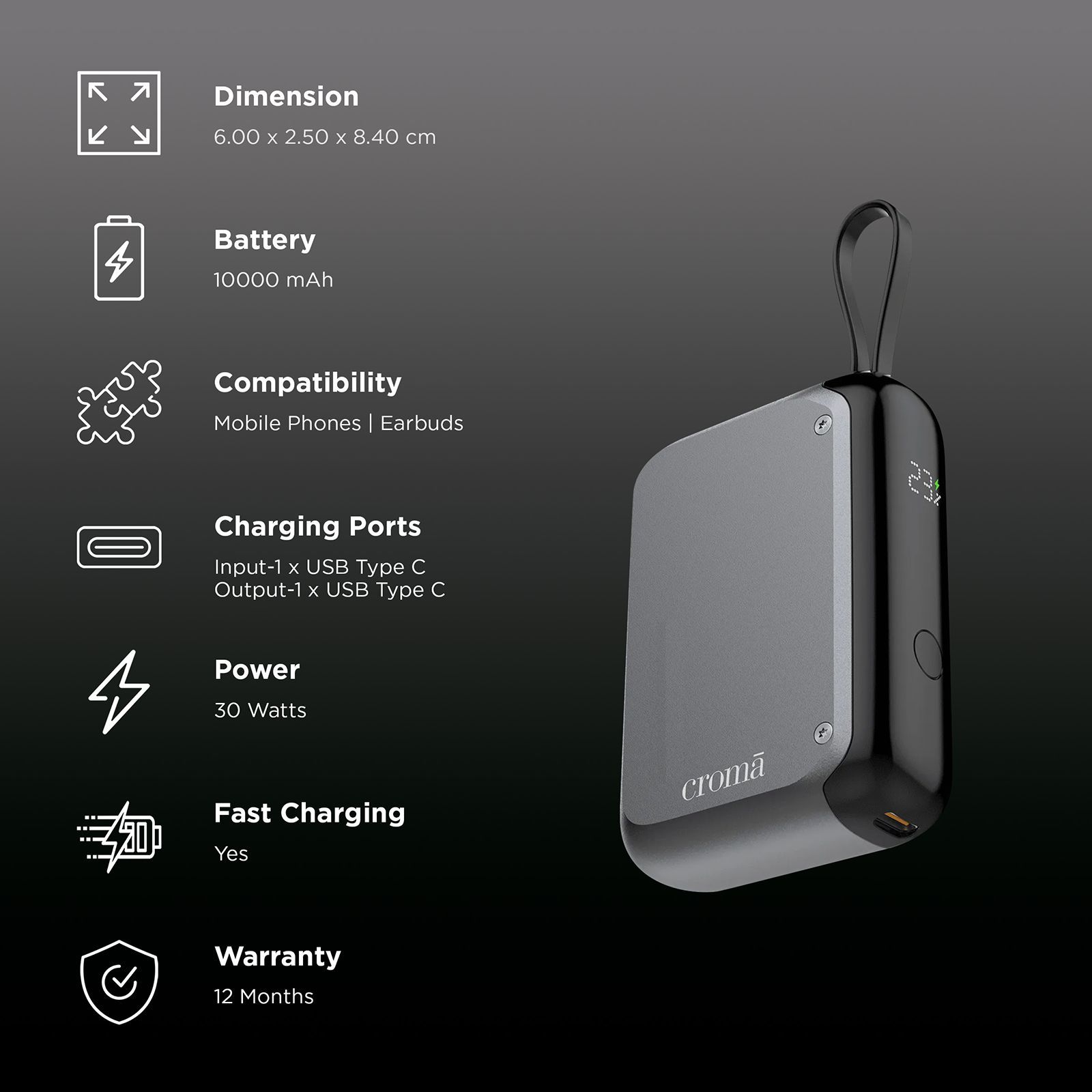 Croma 10000 mAh 30W Fast Charging Power Bank (1 Type C Port, Multiple Security Protection, Black)_3