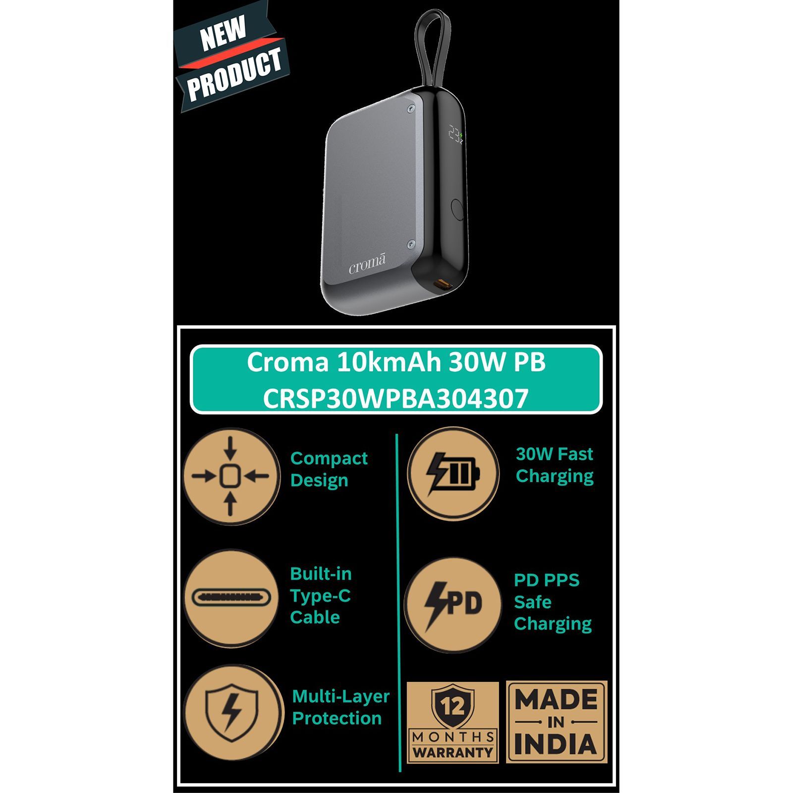 Croma 10000 mAh 30W Fast Charging Power Bank (1 Type C Port, Multiple Security Protection, Black) Croma 10000 mAh 30W Fast Charging Power Bank (1 Type C Port, Multiple Security Protection, Black)_6