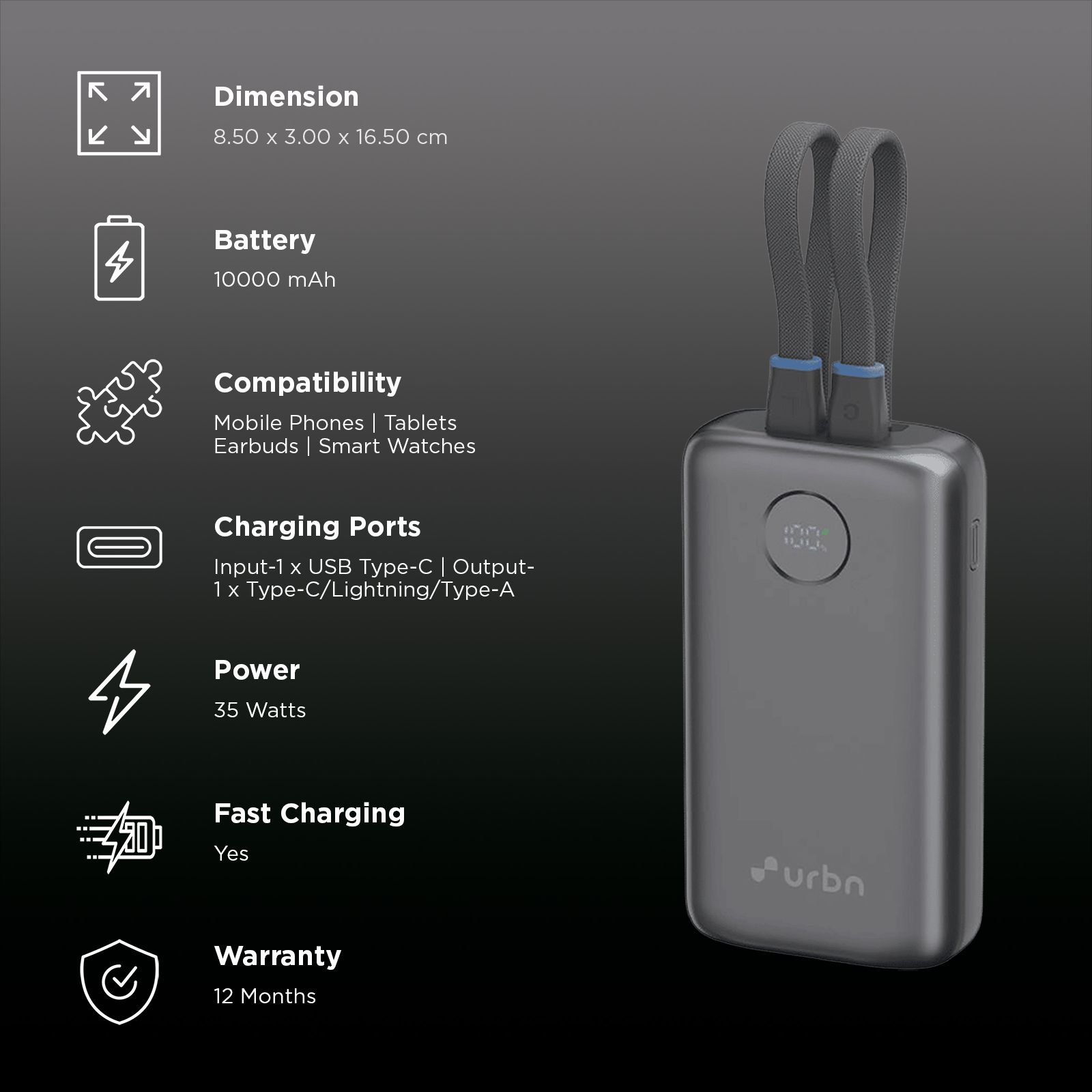 urbn Nano Pod 10000 mAh 35W Fast Charging Power Bank (2 Type C Port, 1 Type A & 1 Lightning Port, 12 Layer Circuit Protection, Grey)_3