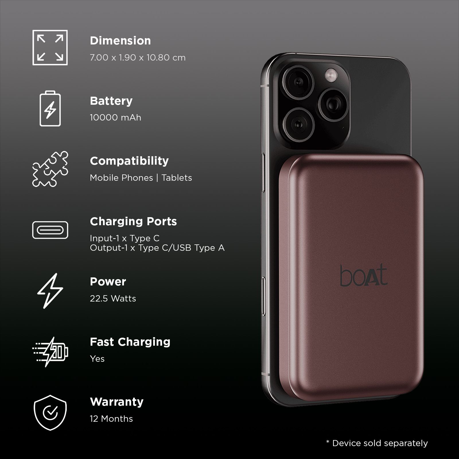 boAt Energyshroom PB331 10000 mAh 22.5W Fast Charging Power Bank (1 Type A & 1 Type C Port, Magnetic Wireless Charging, Wine Red)_3