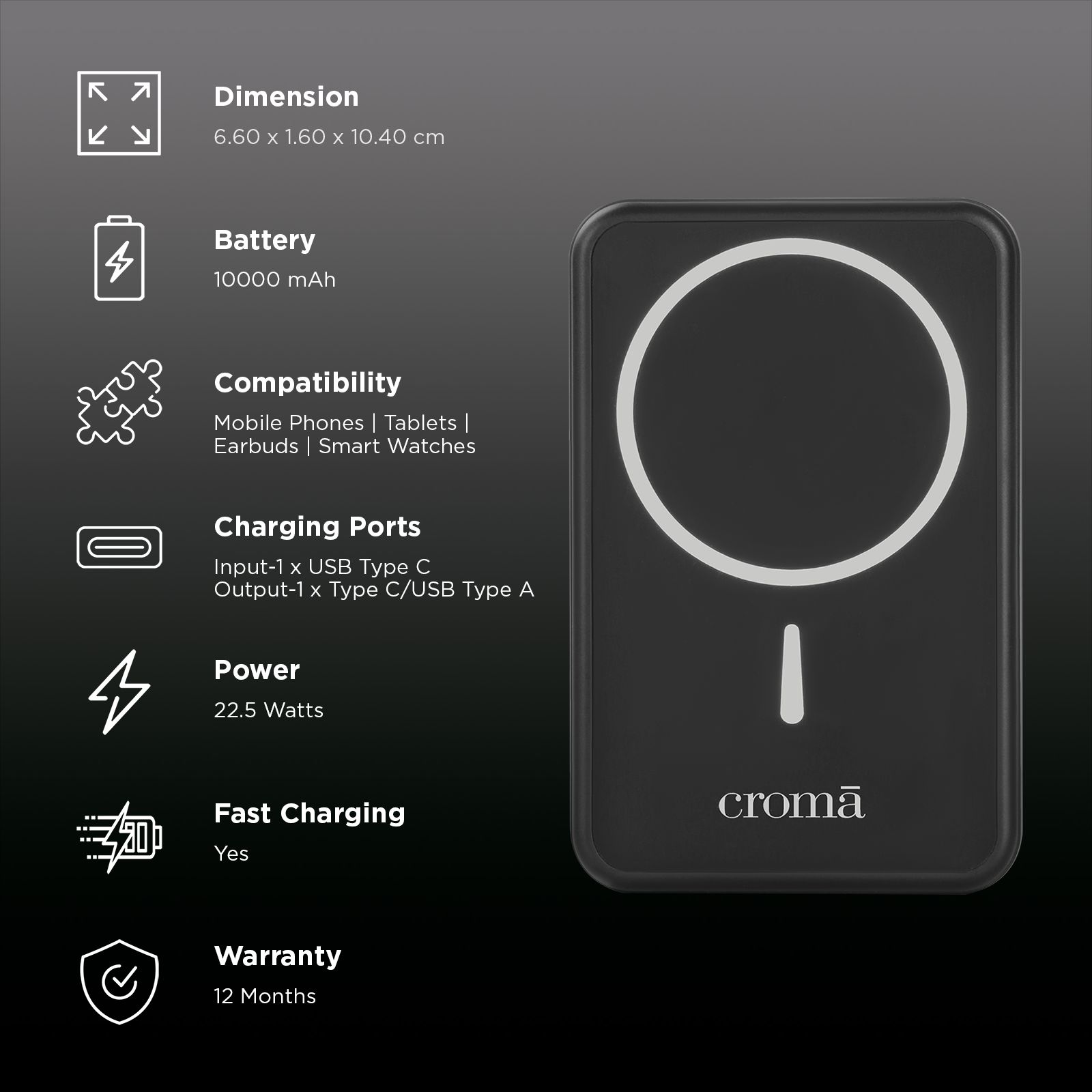 Croma 10000 mAh 22.5W Fast Charging Power Bank (1 Type A & 1 Type C Ports, Aluminium Casing, Magsafe Compatible, Black)_2