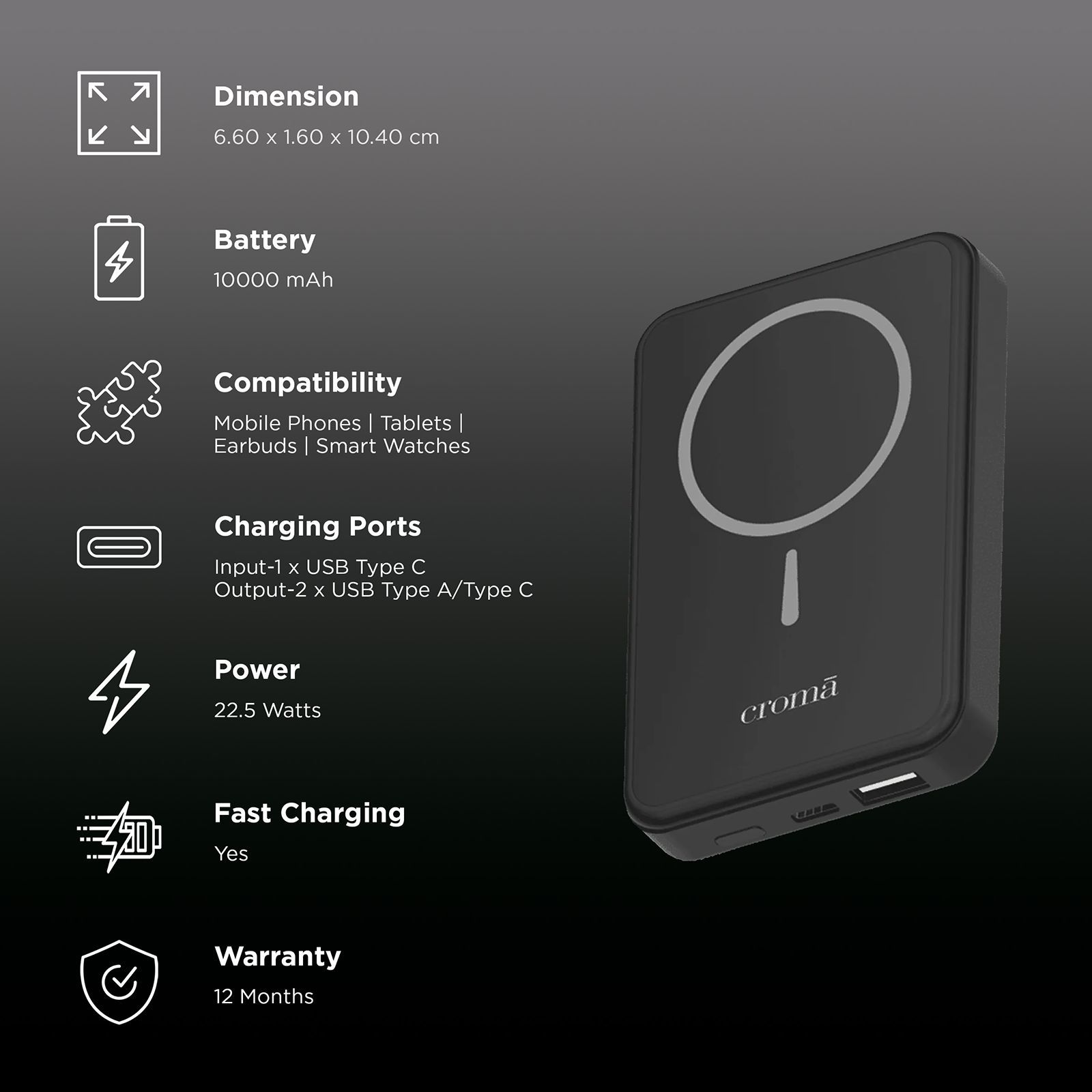 Croma 10000 mAh 22.5W Fast Charging Power Bank (1 Type A & 1 Type C Ports, Aluminium Casing, Magsafe Compatible, Black)_3