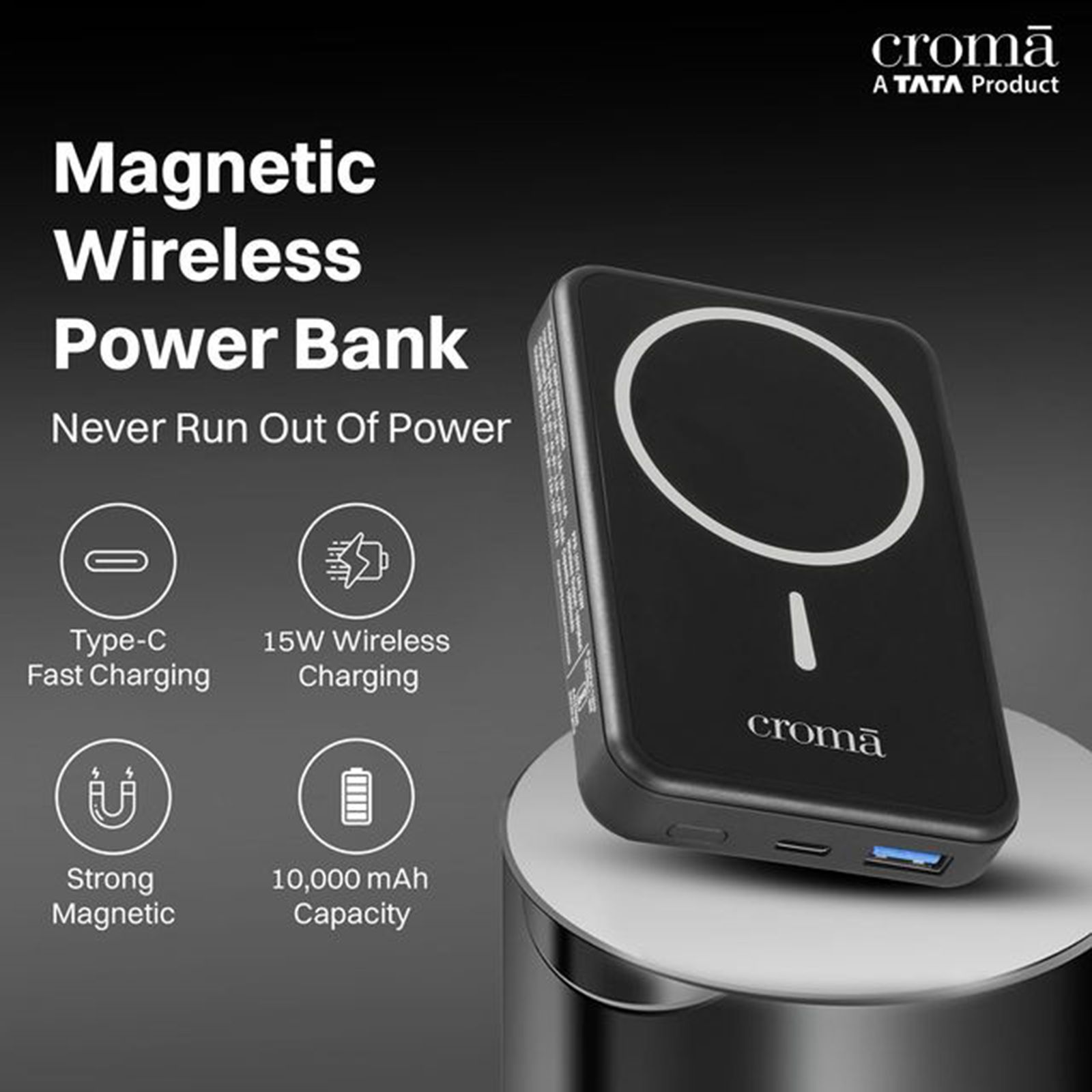 Croma 10000 mAh 22.5W Fast Charging Power Bank (1 Type A & 1 Type C Ports, Aluminium Casing, Magsafe Compatible, Black)_4