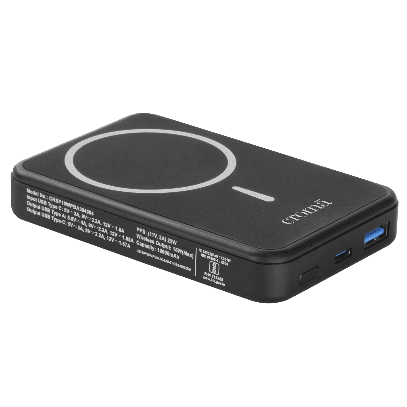 Croma 10000 mAh 22.5W Fast Charging Power Bank (1 Type A & 1 Type C Ports, Aluminium Casing, Magsafe Compatible, Black)_10
