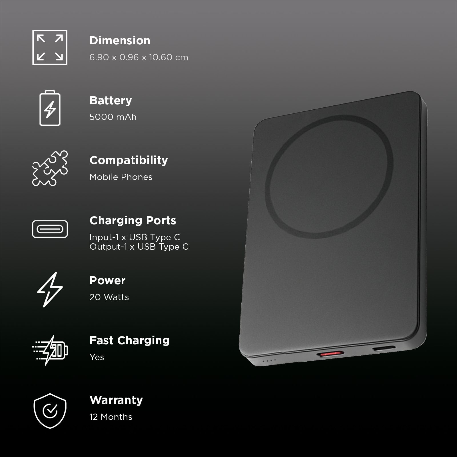 Croma 5000 mAh 20W Fast Charging Power Bank (1 Type C Port, Durable Plastic Case, Magsafe Compatible, Black)_3