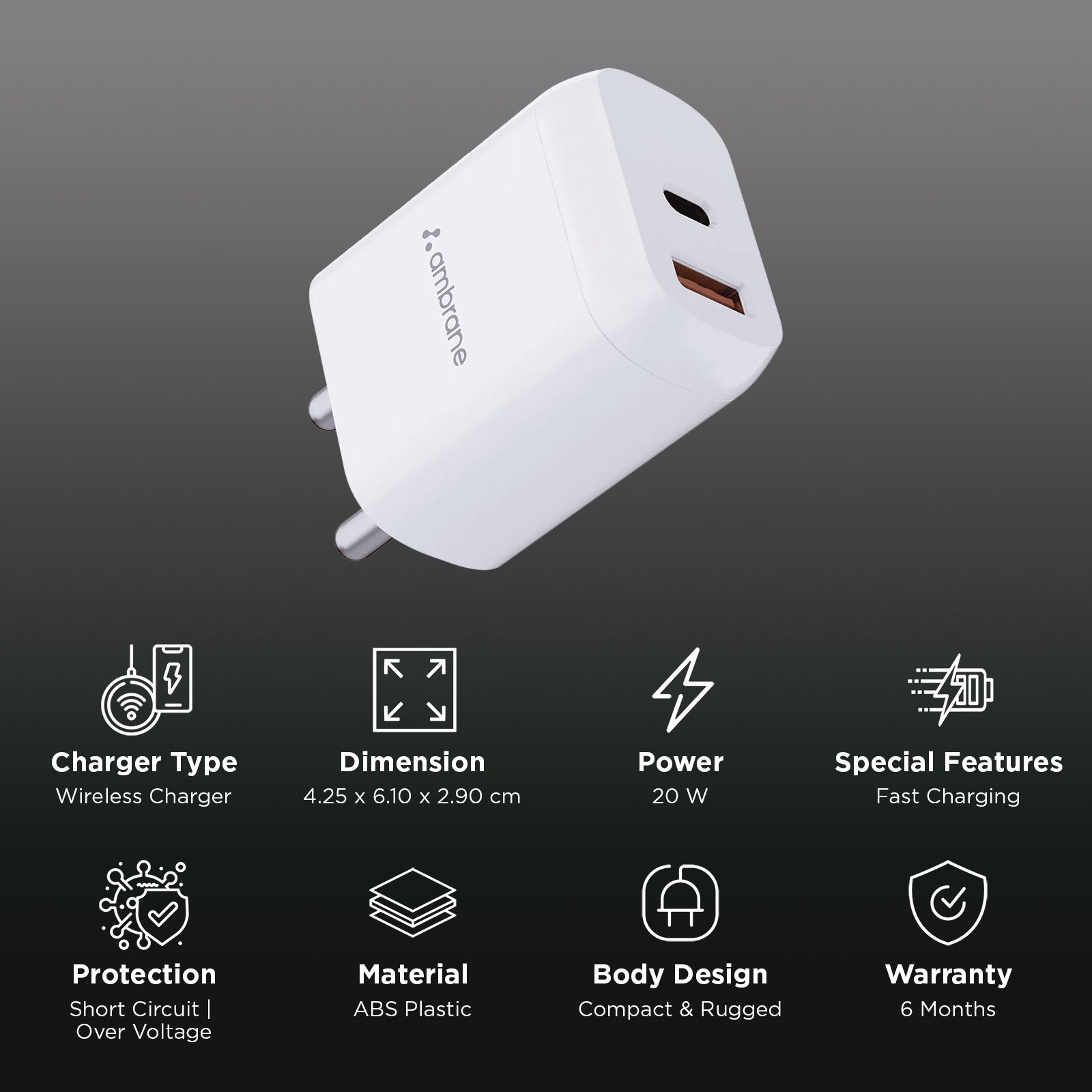 Ambrane RAAP H11 20W Type C & Type A 2-Port Fast Charger (Adapter Only, Fireproof, White)_3