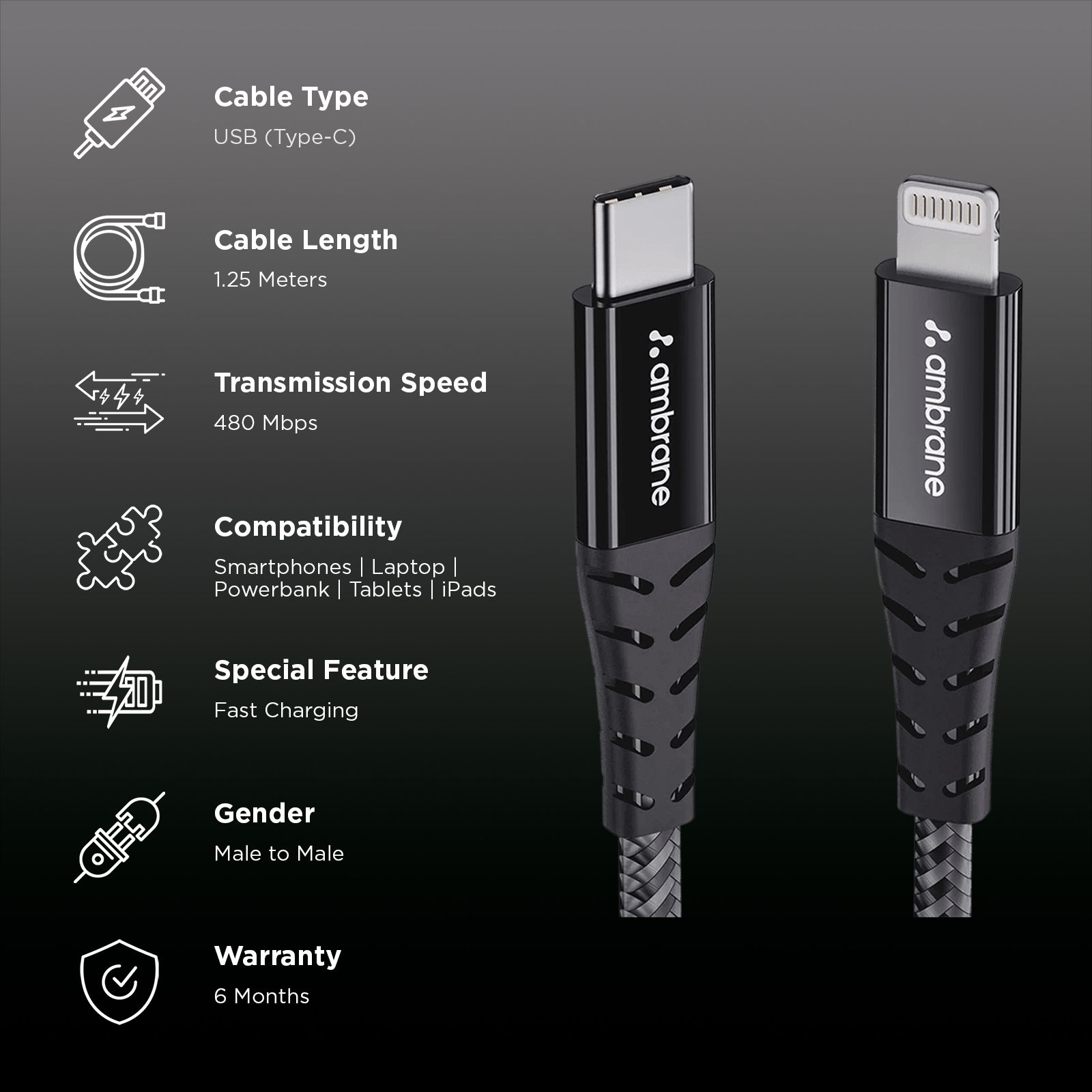 Ambrane ABTL-125 Type C to Lightning 4.1 Feet (1.25M) Cable (22.5W Fast Charging, Black)_2