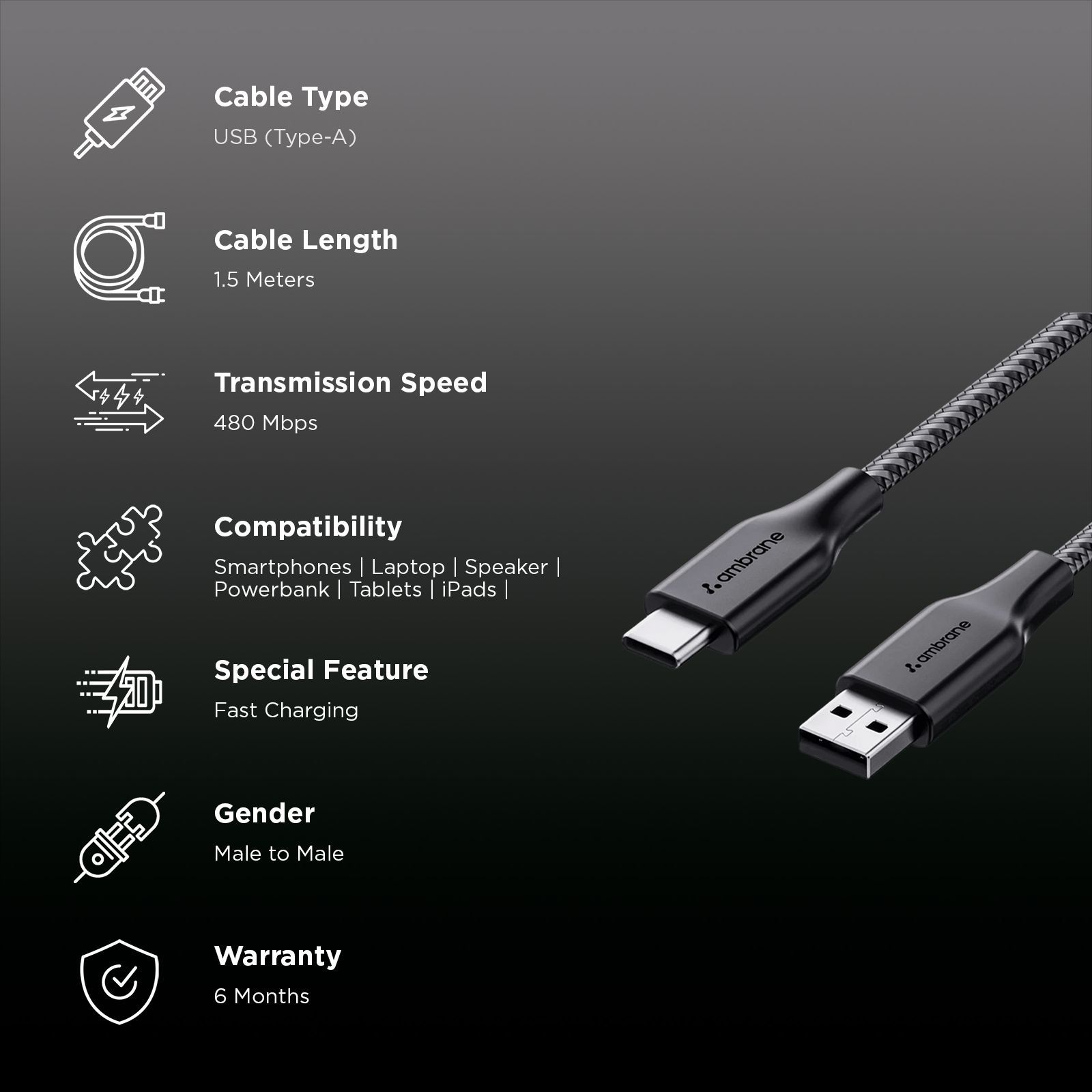 Ambrane RCT-15 USB Type A to Type C 4.9 Feet (1.5M) Cable (Tangle Free, Black)_2