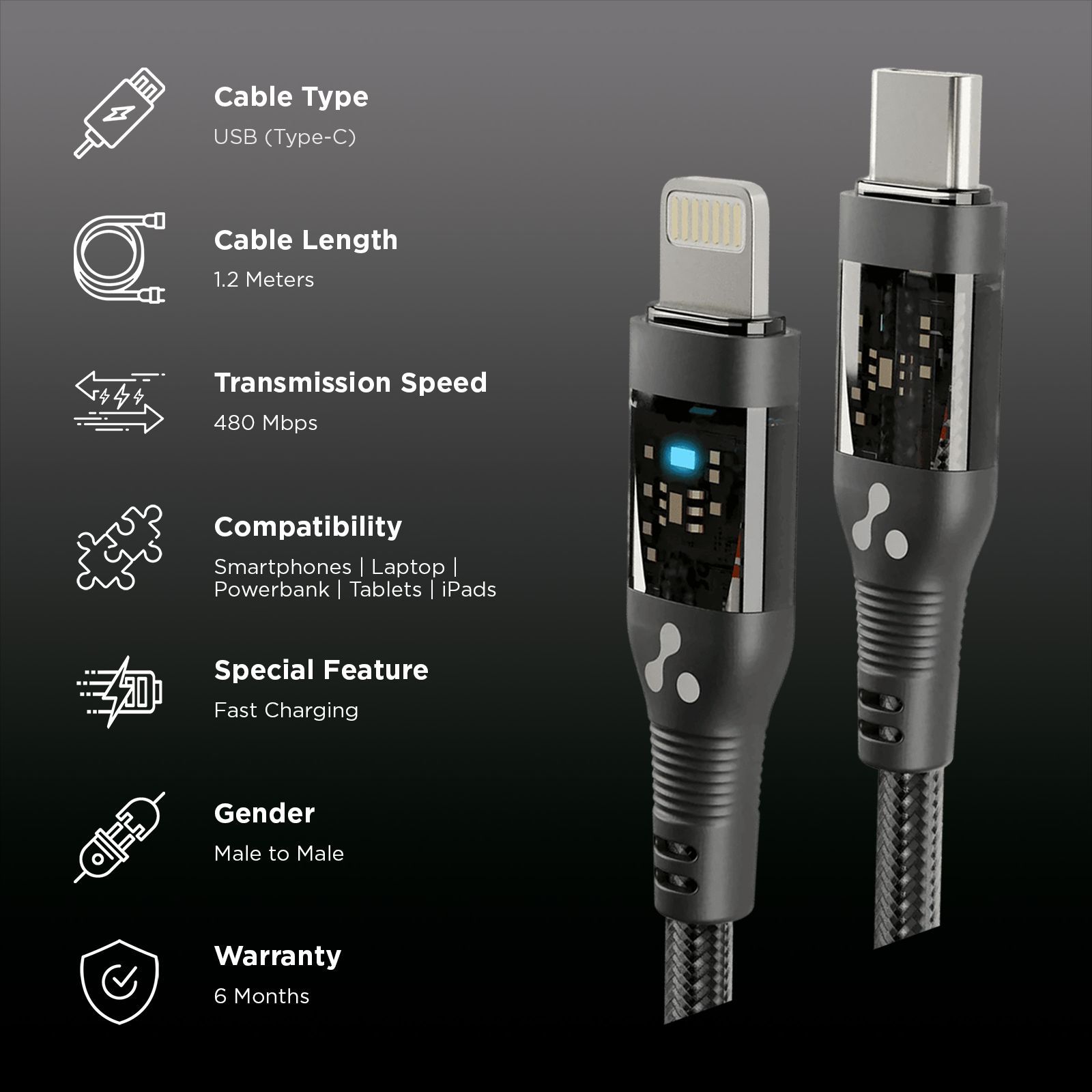 Ambrane ABTL-12T Type C to Lightning 3.9 Feet (1.2M) Cable (LED Indicator, Black)_2