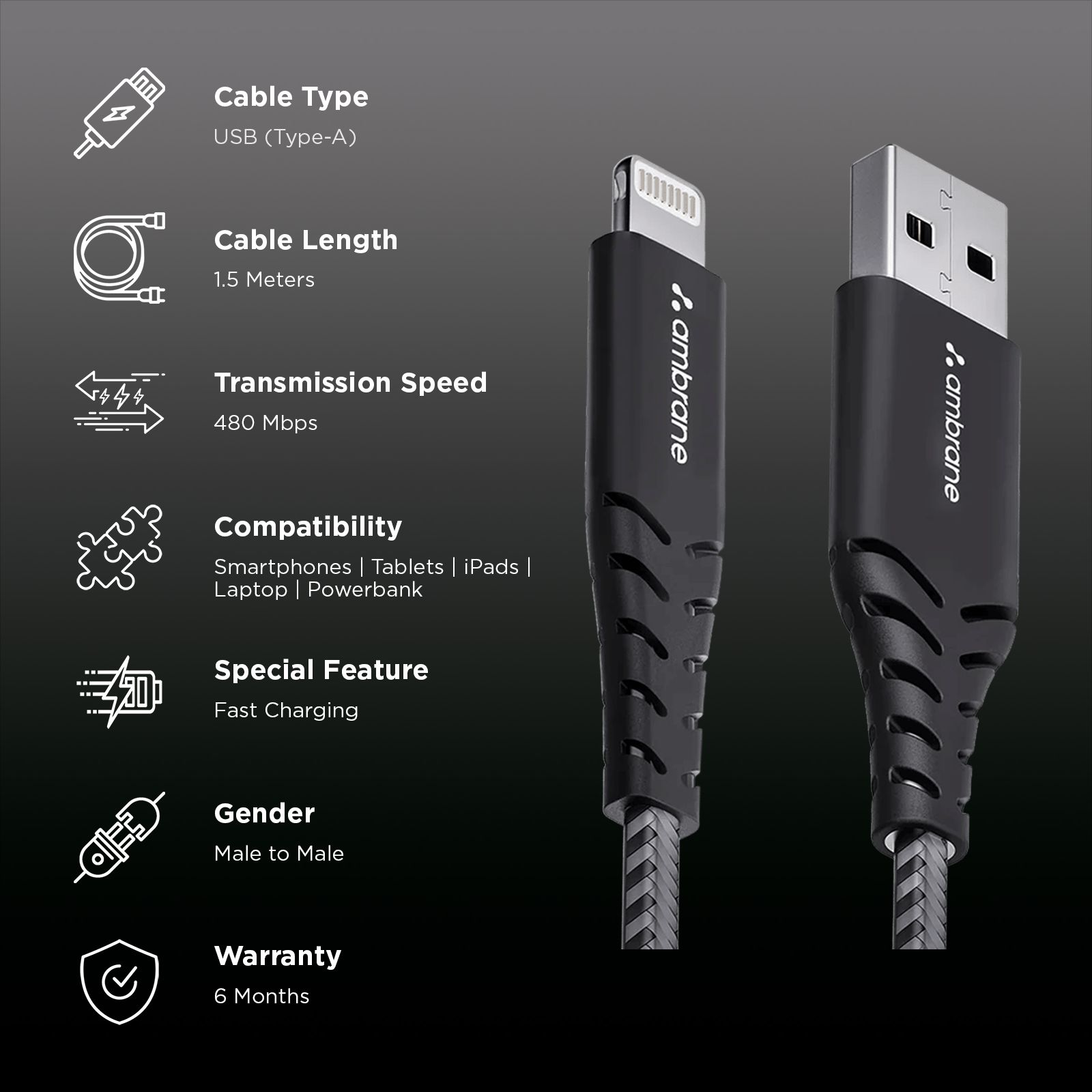 Ambrane RCL-15 USB A to Lightning 4.9 Feet (1.5M) Cable (Nylon Braided, Black)_2
