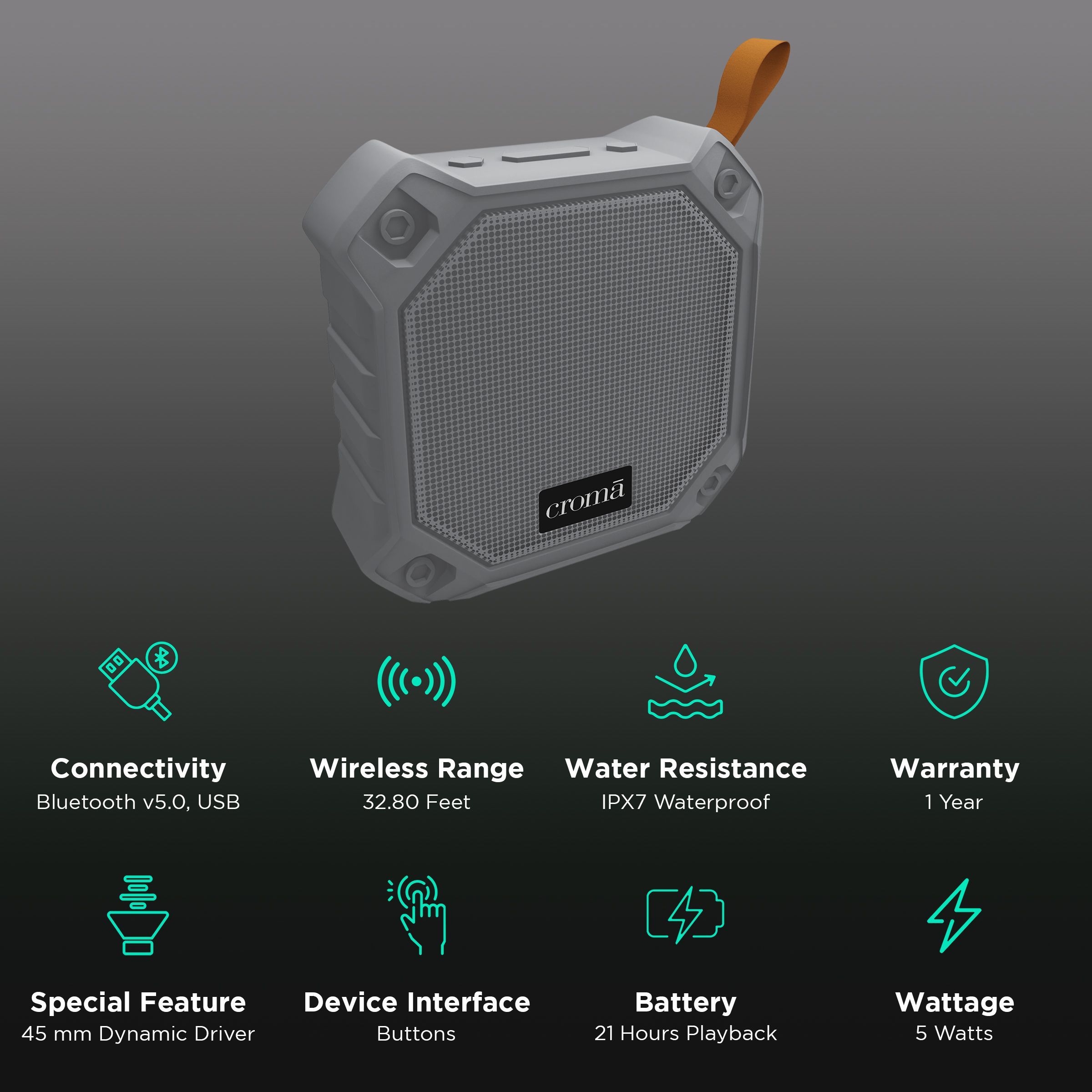 Croma 5W Portable Bluetooth Speaker (Water Proof, 21 Hours Playback Time, True Wireless Stereo Function, Grey)_2