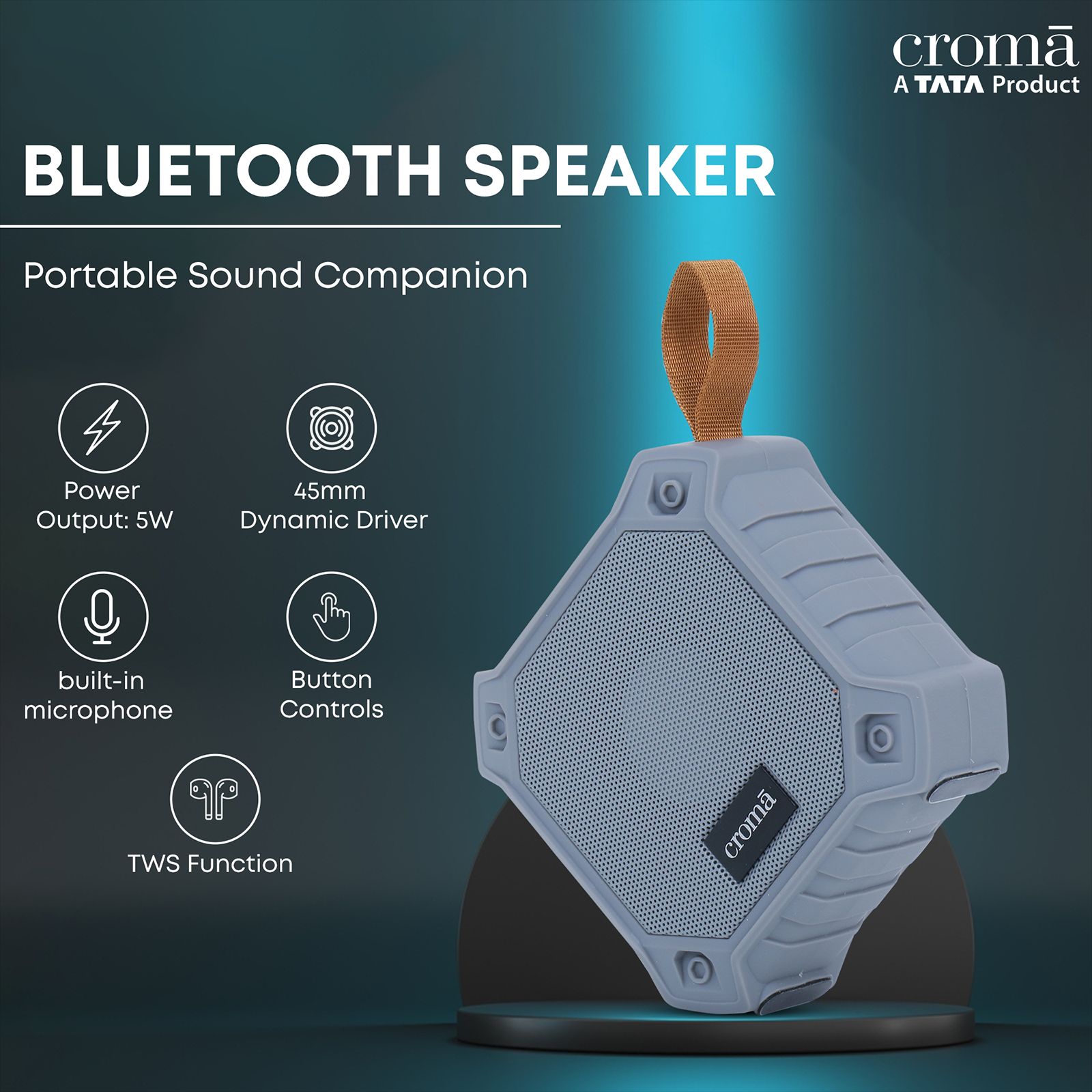 Croma 5W Portable Bluetooth Speaker (Water Proof, 21 Hours Playback Time, True Wireless Stereo Function, Grey)_3