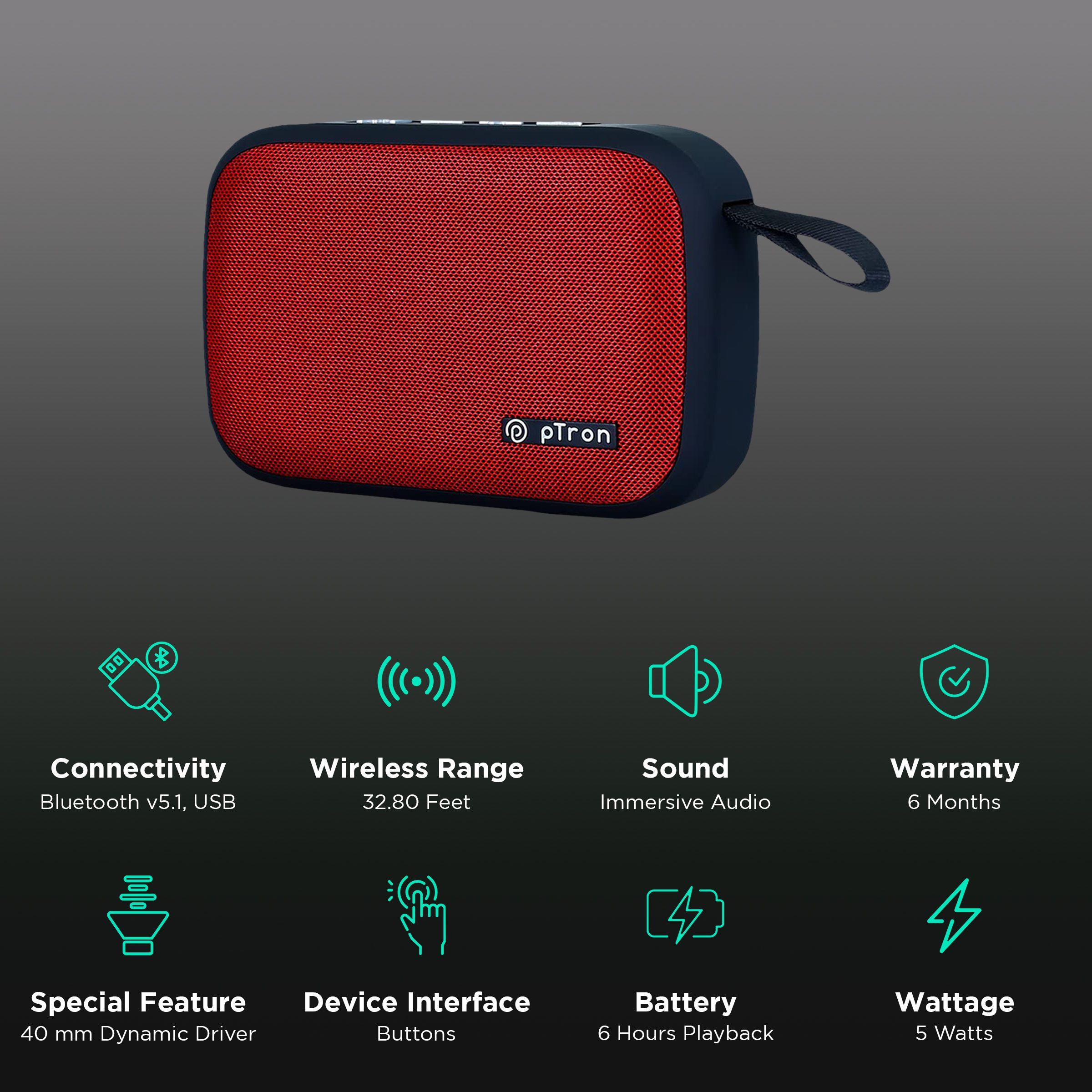 pTron Sonor Evo 5W Portable Bluetooth Speaker (Integrated Music & Call Control, Mono Channel, Red) pTron Sonor Evo 5W Portable Bluetooth Speaker (Integrated Music & Call Control, Mono Channel, Red)_2