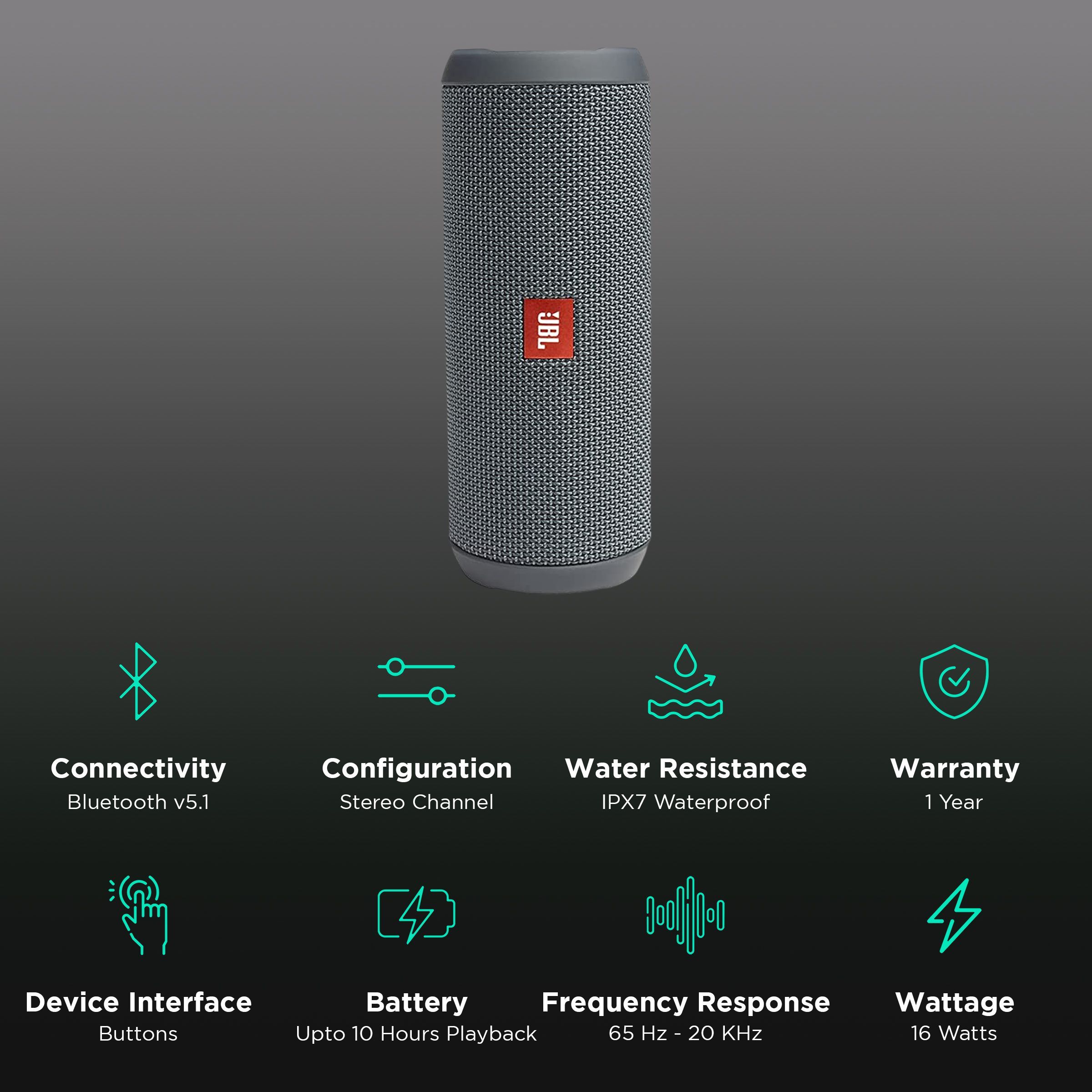 JBL Flip Essential 16W Portable Bluetooth Speaker (IPX7 Water Proof, Bass Radiator, Stereo Channel, Gun Metal)_2