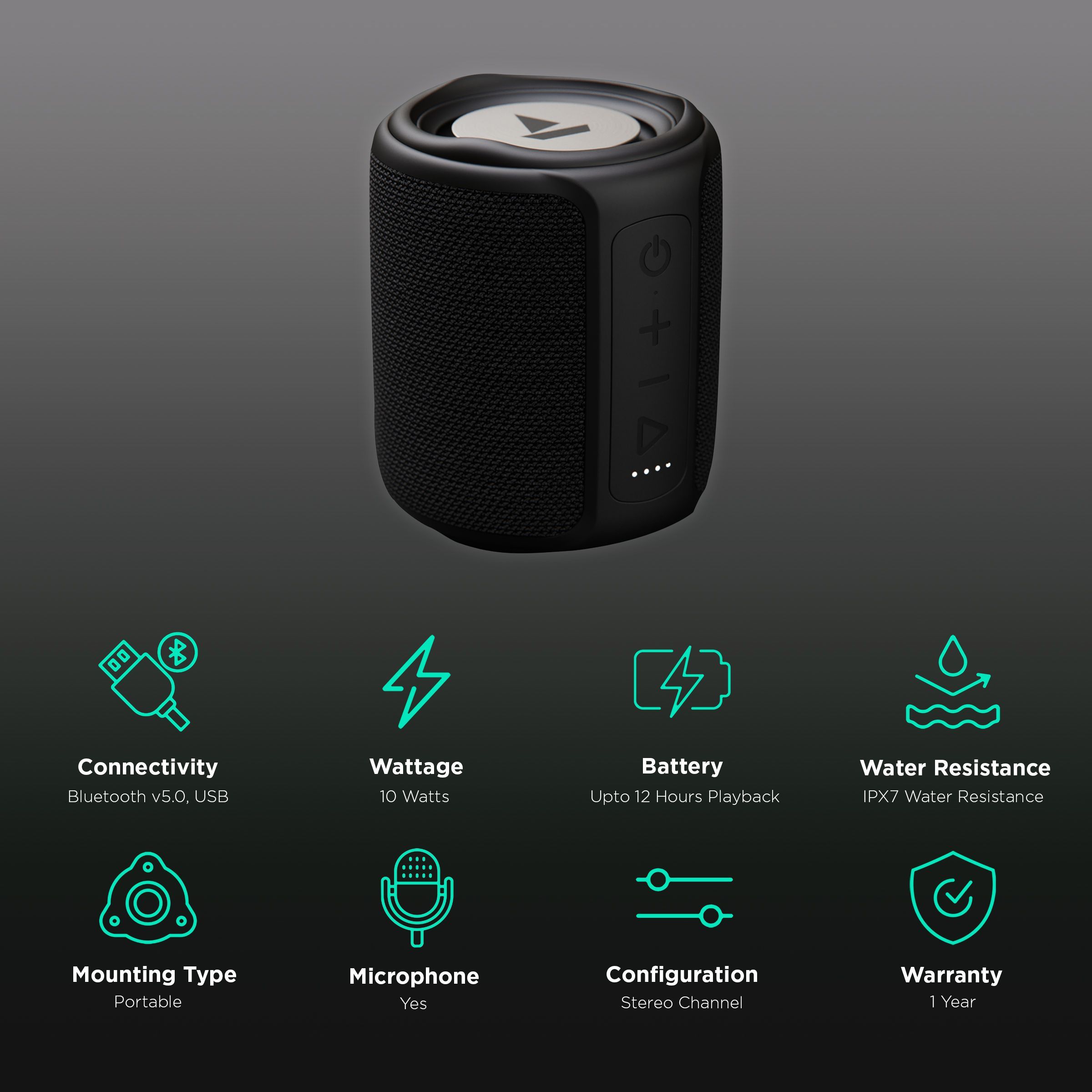 boAt Stone 358 10W Portable Bluetooth Speaker (IPX7 Water Resistant, Multi-Compatibility Modes, Mono Speaker, Black)_2