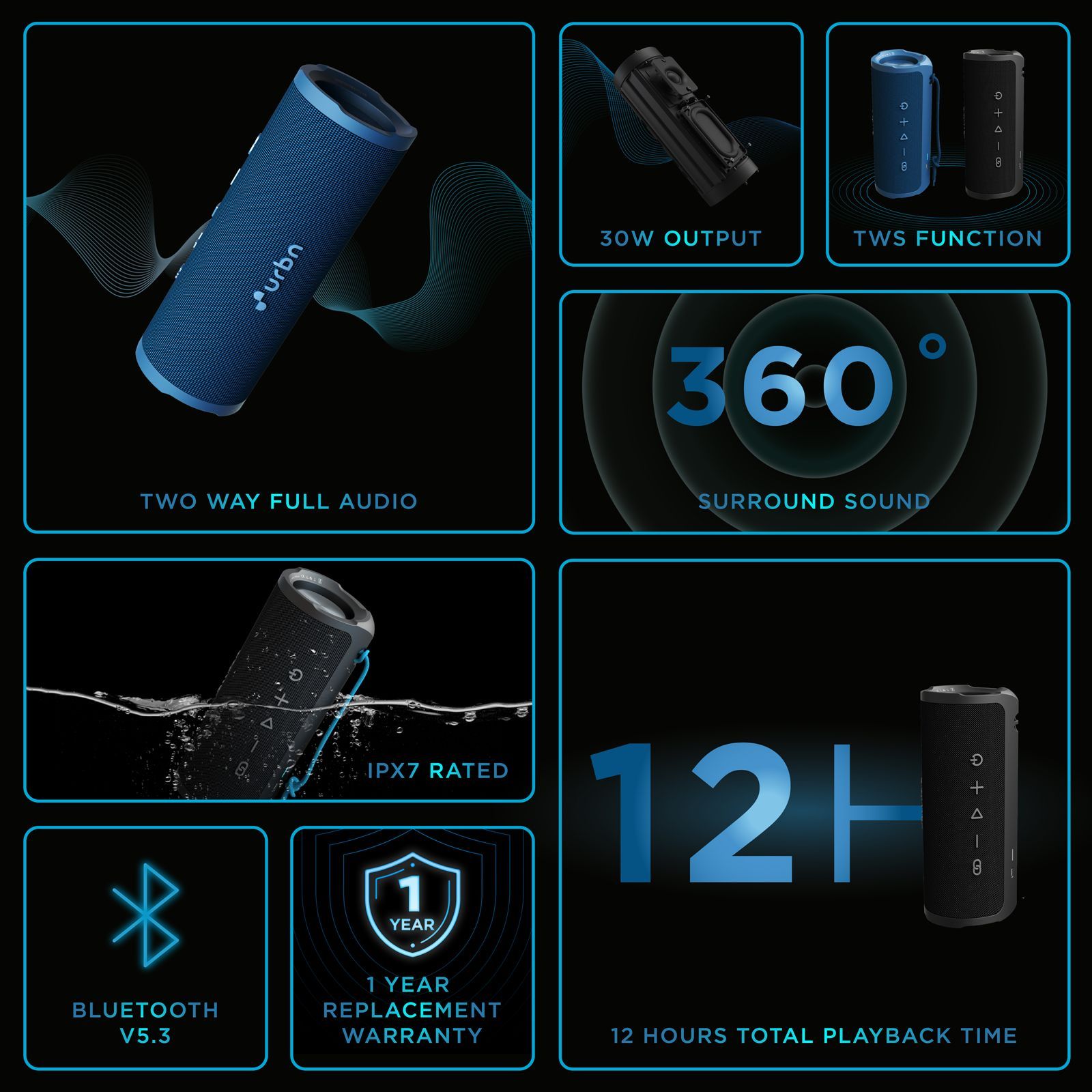 urbn Bang 250 30W Portable Bluetooth Speaker (IPX7 Water Resistant, TWS Functionality, 2.0 Channel, Black)_8