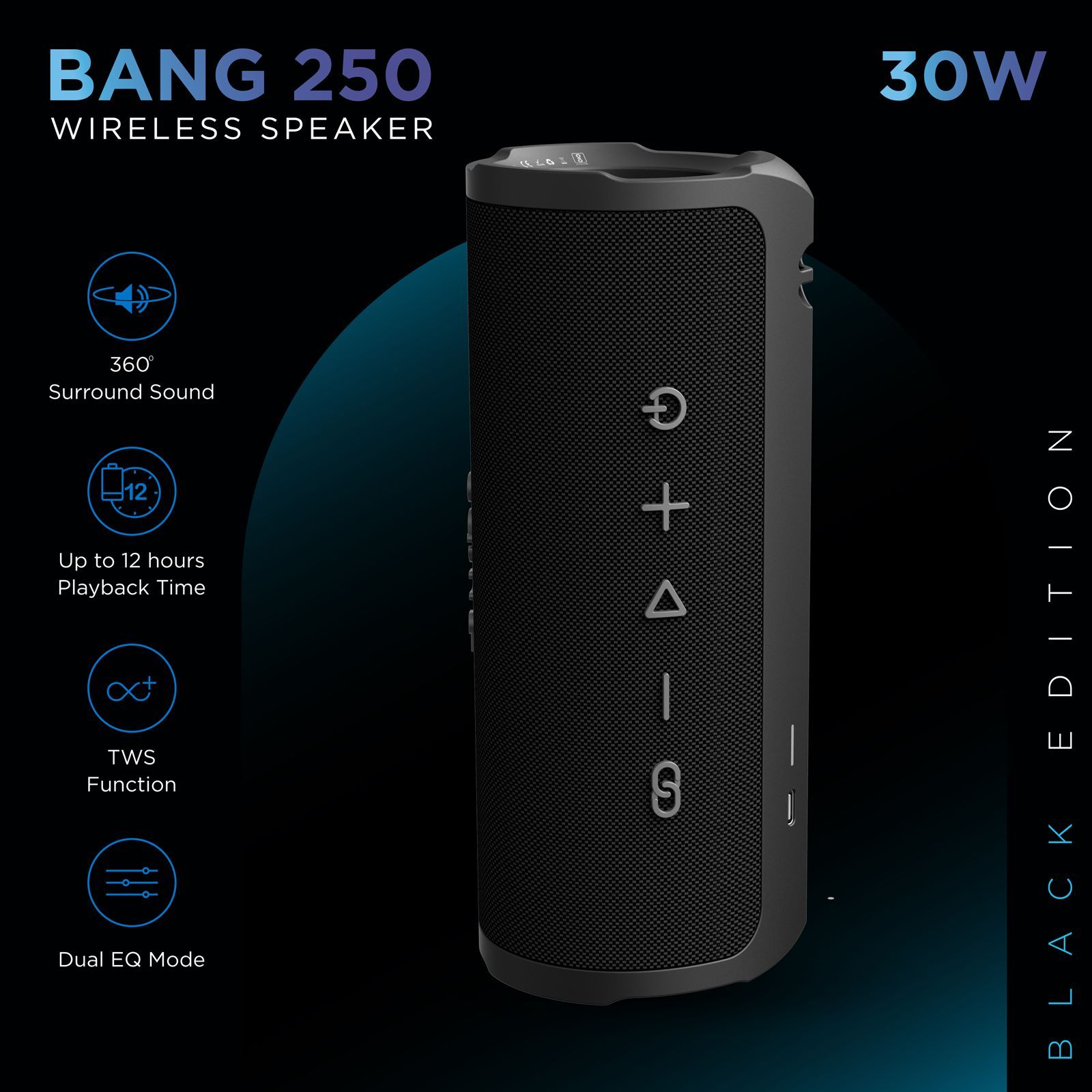 urbn Bang 250 30W Portable Bluetooth Speaker (IPX7 Water Resistant, TWS Functionality, 2.0 Channel, Black)_7