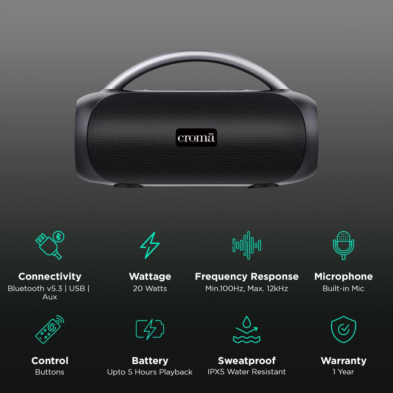 Croma 20W Portable Bluetooth Speaker (IPX5 Water Resistant, 5 Hours Playback Time, Premium Black) Croma 20W Portable Bluetooth Speaker (IPX5 Water Resistant, 5 Hours Playback Time, Premium Black)_2