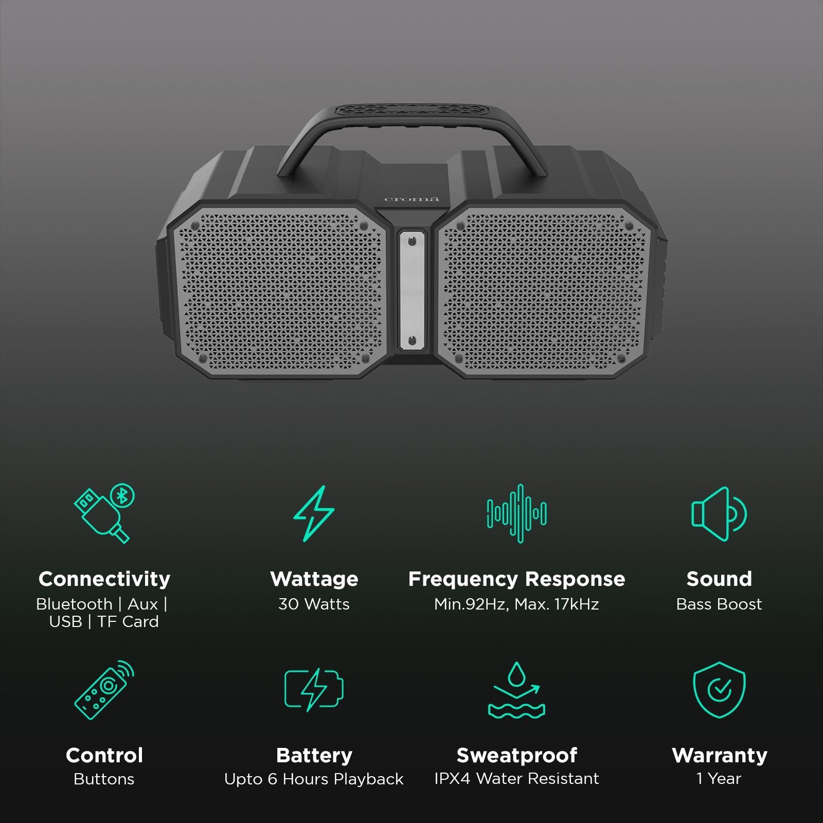 Croma 30W Portable Bluetooth Speaker (IPX4 Water Resistant, 20 Hours Playtime, Black)_2