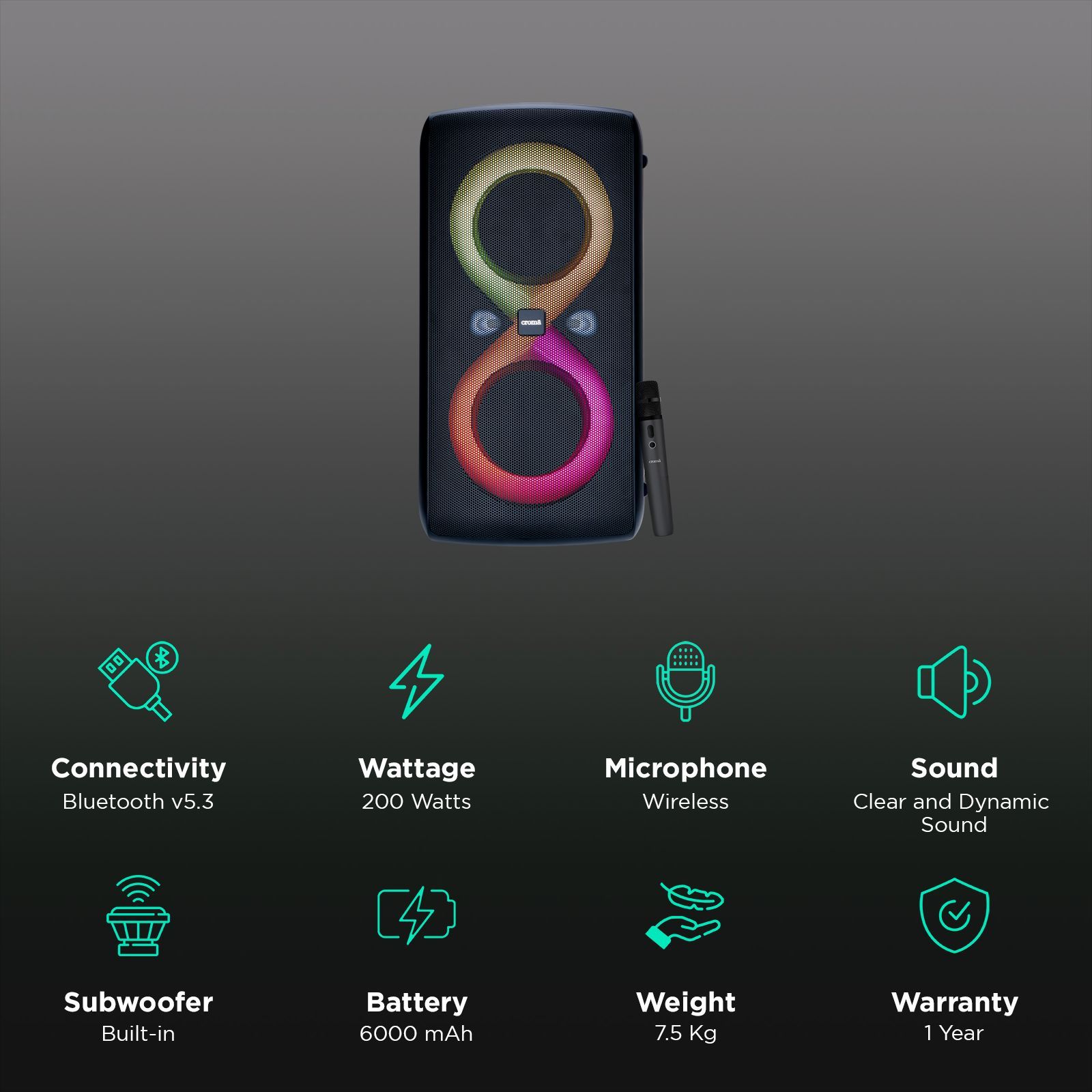 Croma 200W Bluetooth Party Speaker with UHF Mic (6000mAh Power Bank, Black)_2