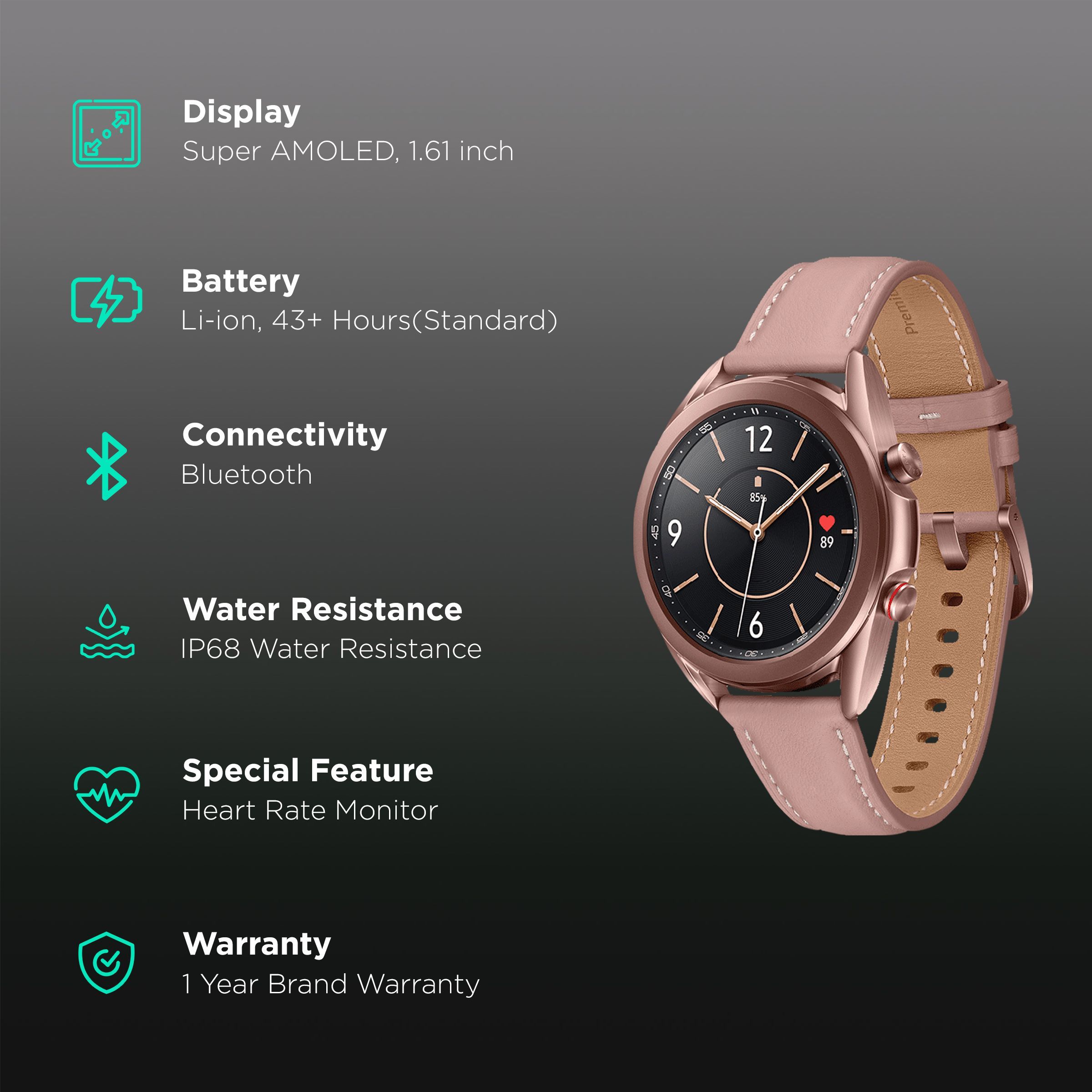 SAMSUNG Galaxy Watch3 GPS+Wi-Fi+4G SIM+Bluetooth Tizen OS Smartwatch (41mm Super AMOLED Display, Water Resistant, Mystic Bronze Strap)_2