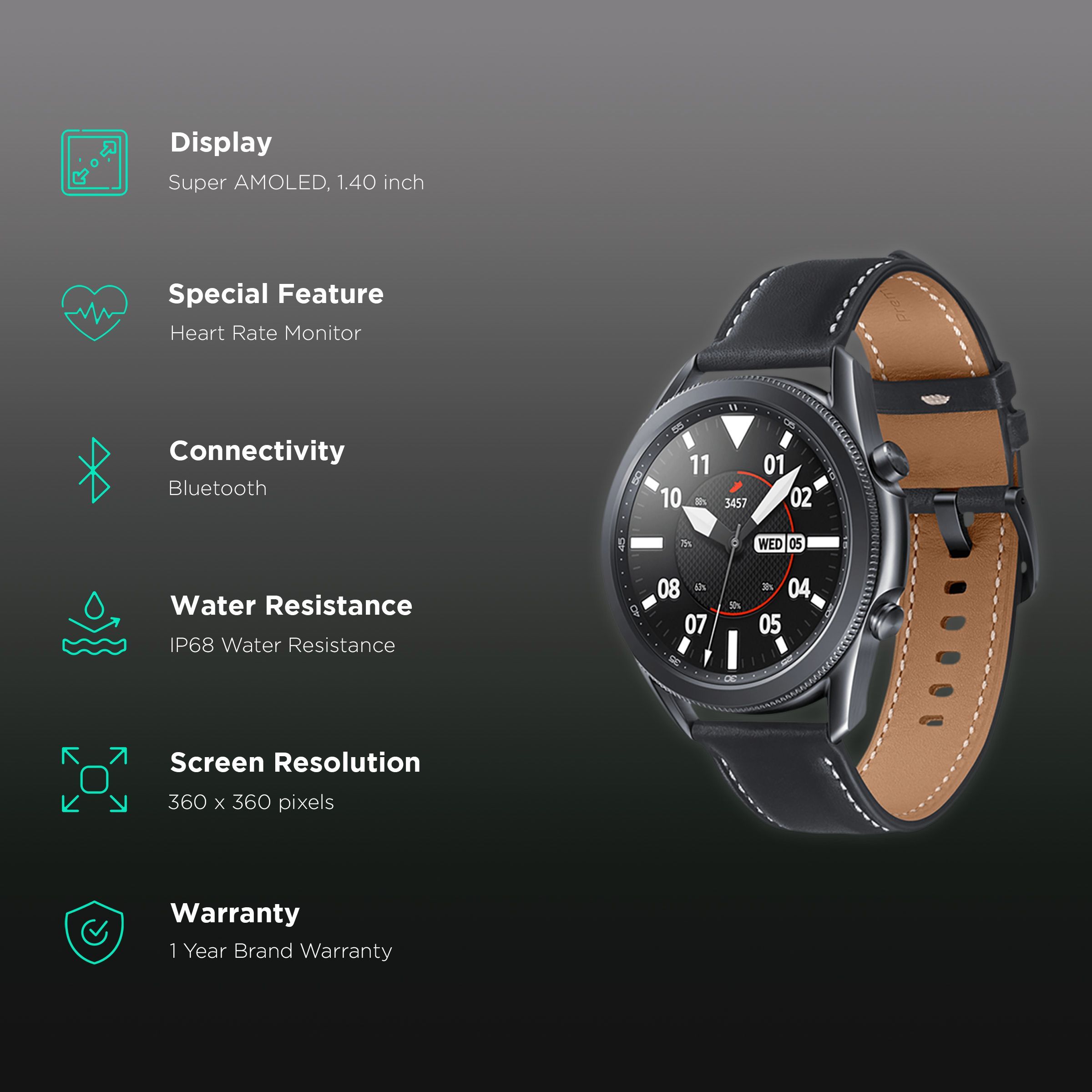 SAMSUNG Galaxy Watch3 GPS+Wi-Fi+Bluetooth Tizen OS Smartwatch (45mm Super AMOLED Display, Water Resistant, Mystic Black Strap)_2