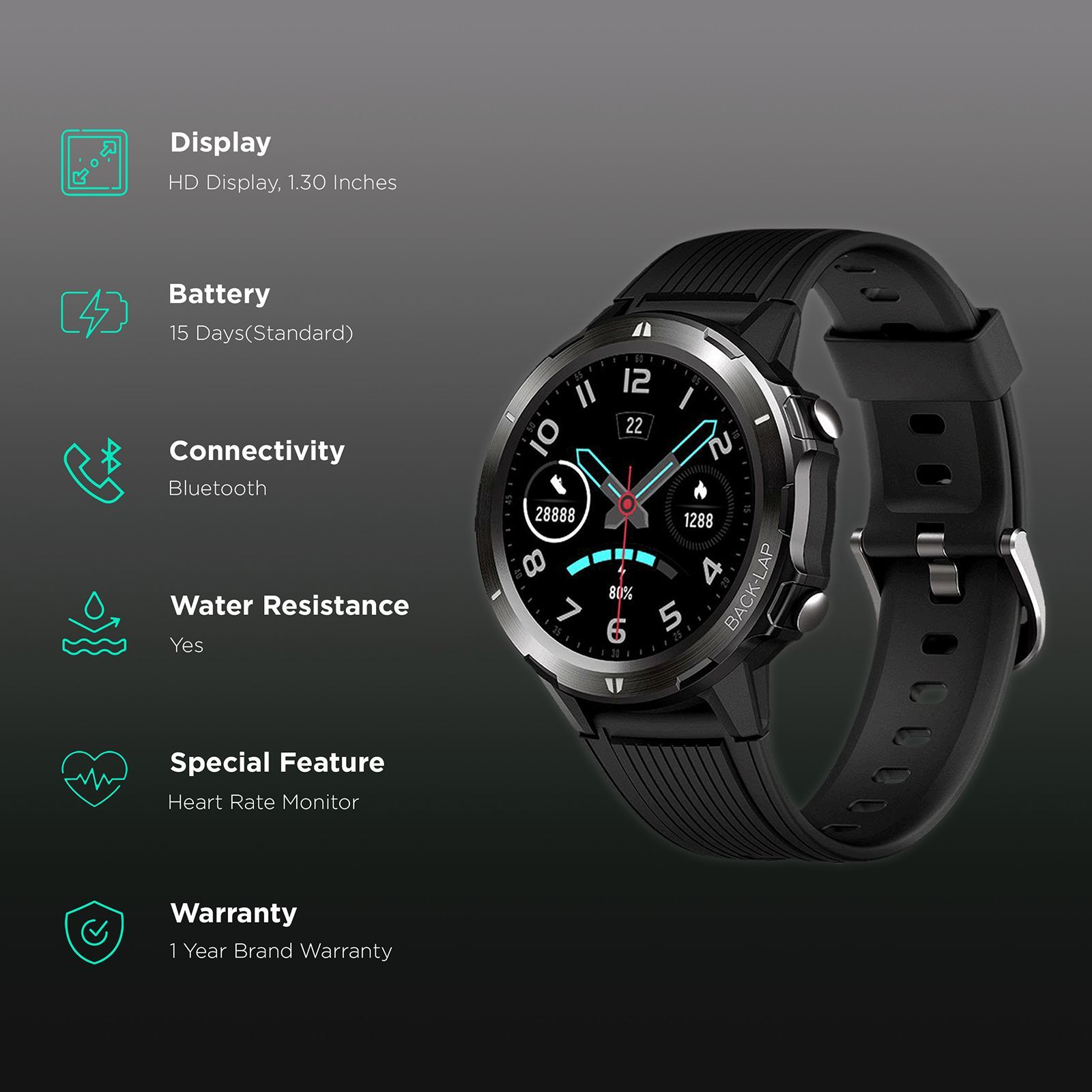 PORTRONICS Kronos Alpha Smartwatch with Fitness Tracker (33mm TFT-LCD Display, 5ATM Waterproof, Black)_2