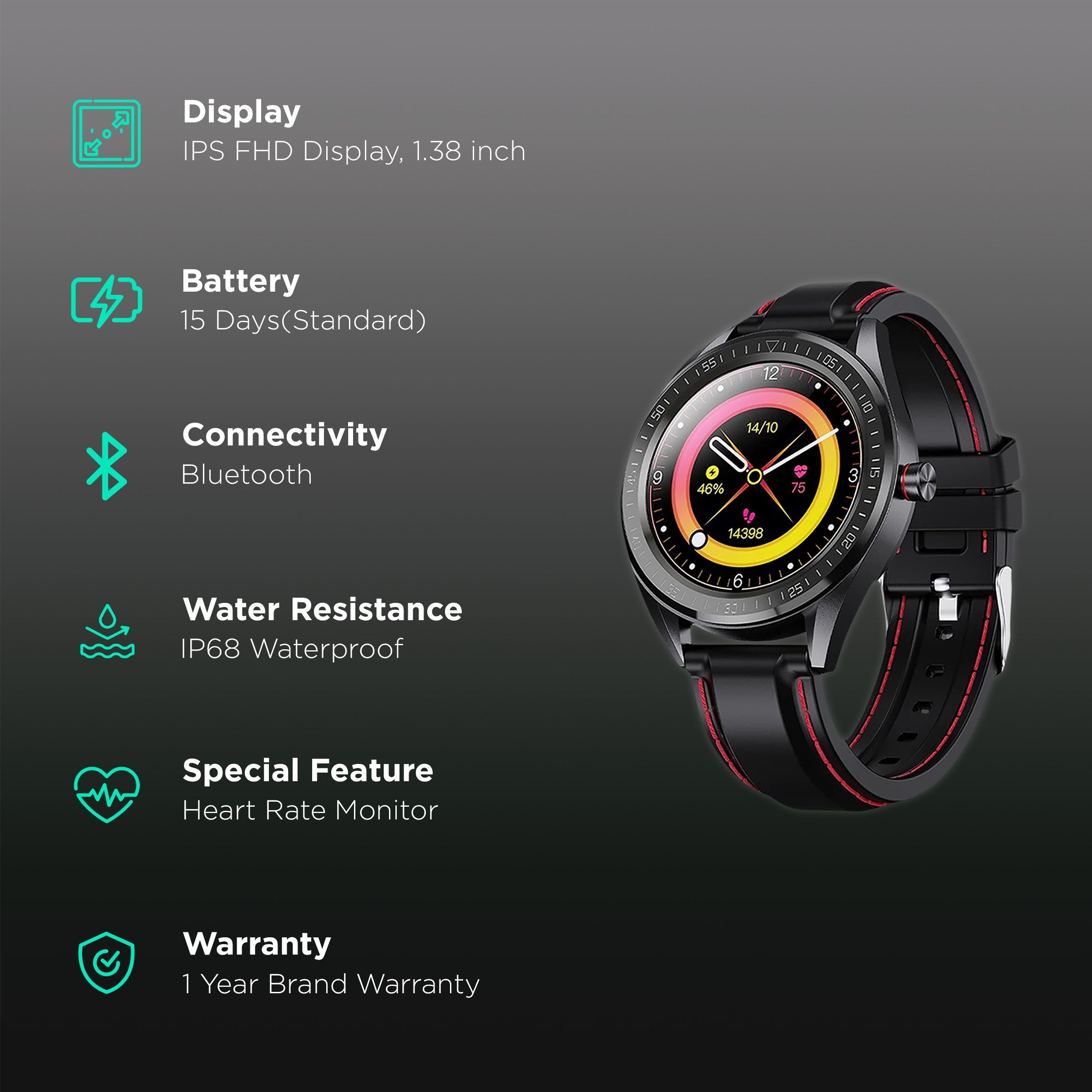 CROSSBEATS Trak Smartwatch with GPS (35mm IPS FHD Display, IP68 Waterproof, Black Strap)_2