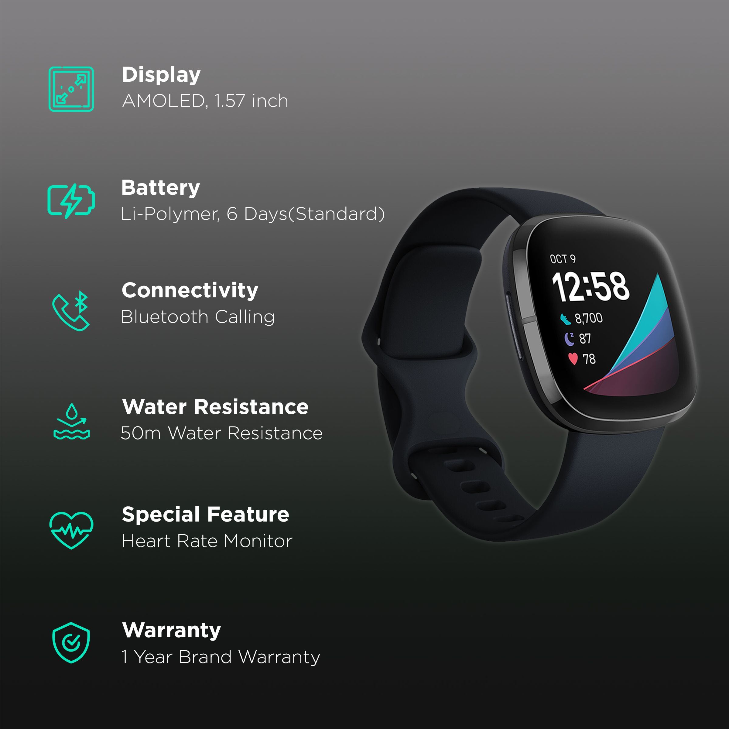 fitbit Sense Smartwatch with Bluetooth Calling (40mm AMOLED Display, 50 Meter Water Resistant, Carbon Strap) fitbit Sense Smartwatch with Bluetooth Calling (40mm AMOLED Display, 50 Meter Water Resistant, Carbon Strap)_2