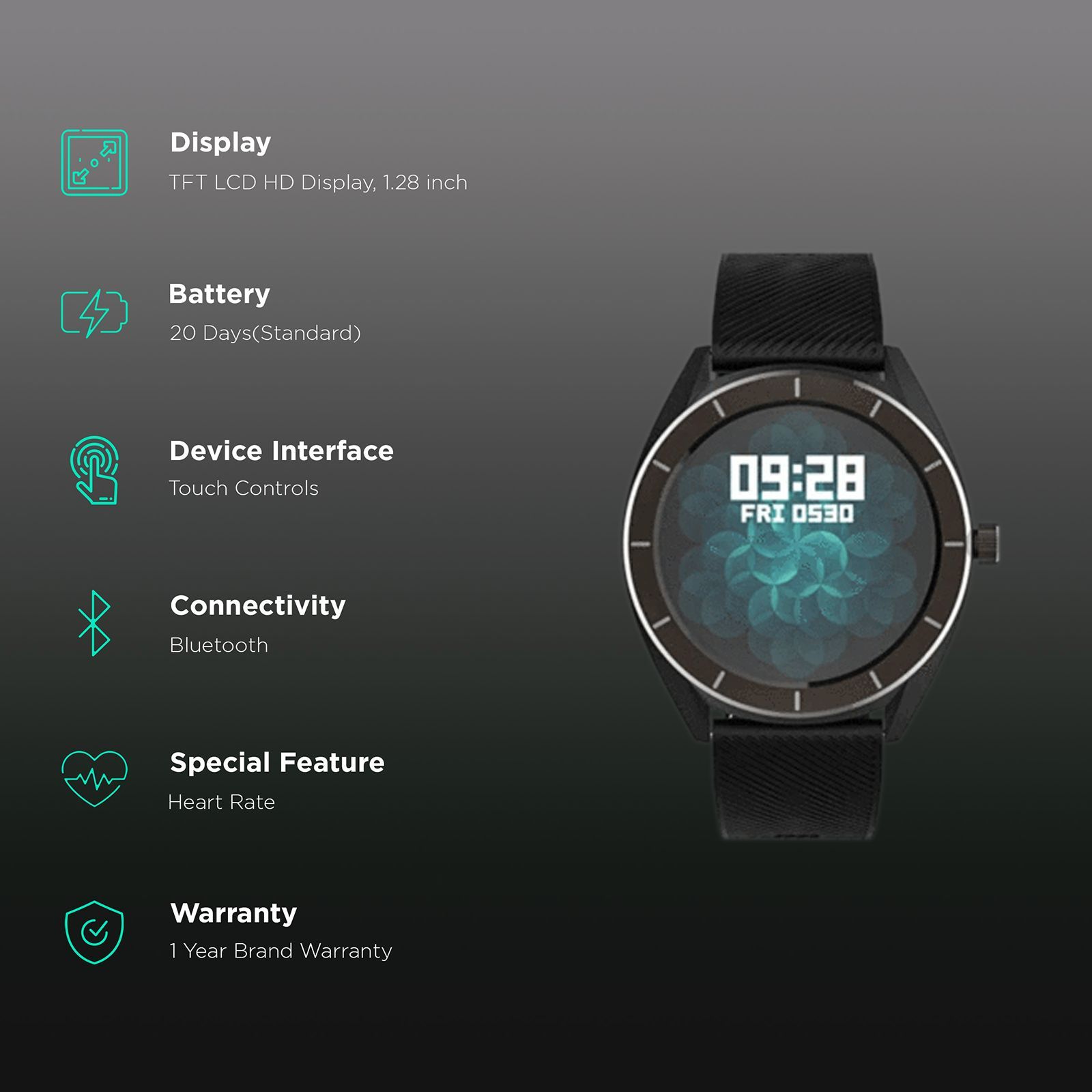 noise NoiseFit Endure Smart Watch with 9 Sports Modes (32.5mm TFT LCD Display, IP68 Water Resistant, Charcoal Black Strap)_2