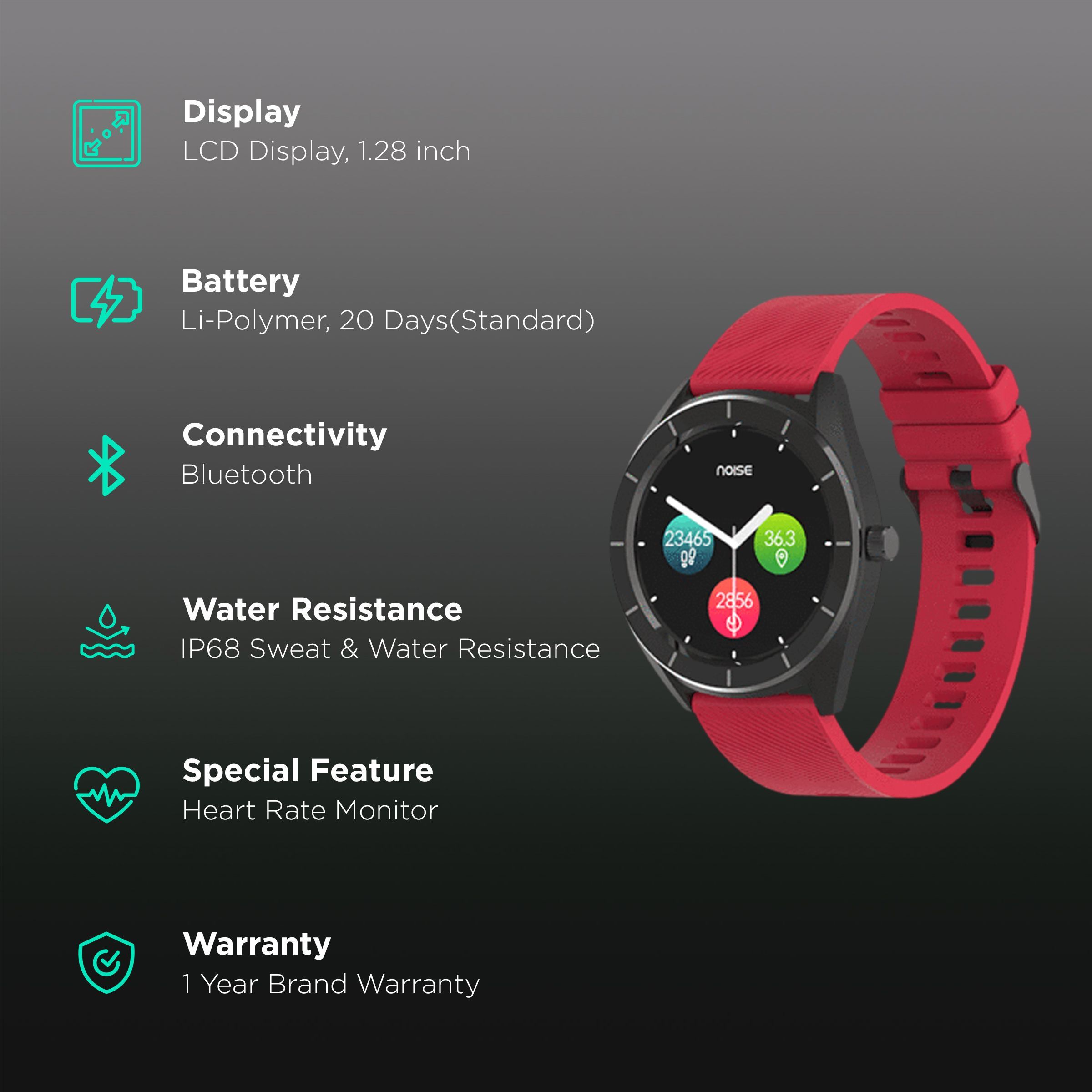 noise NoiseFit Endure Smartwatch with Activity Tracker (32.51mm LCD Display, IP68 Water Resistant, Racing Red Strap)_2