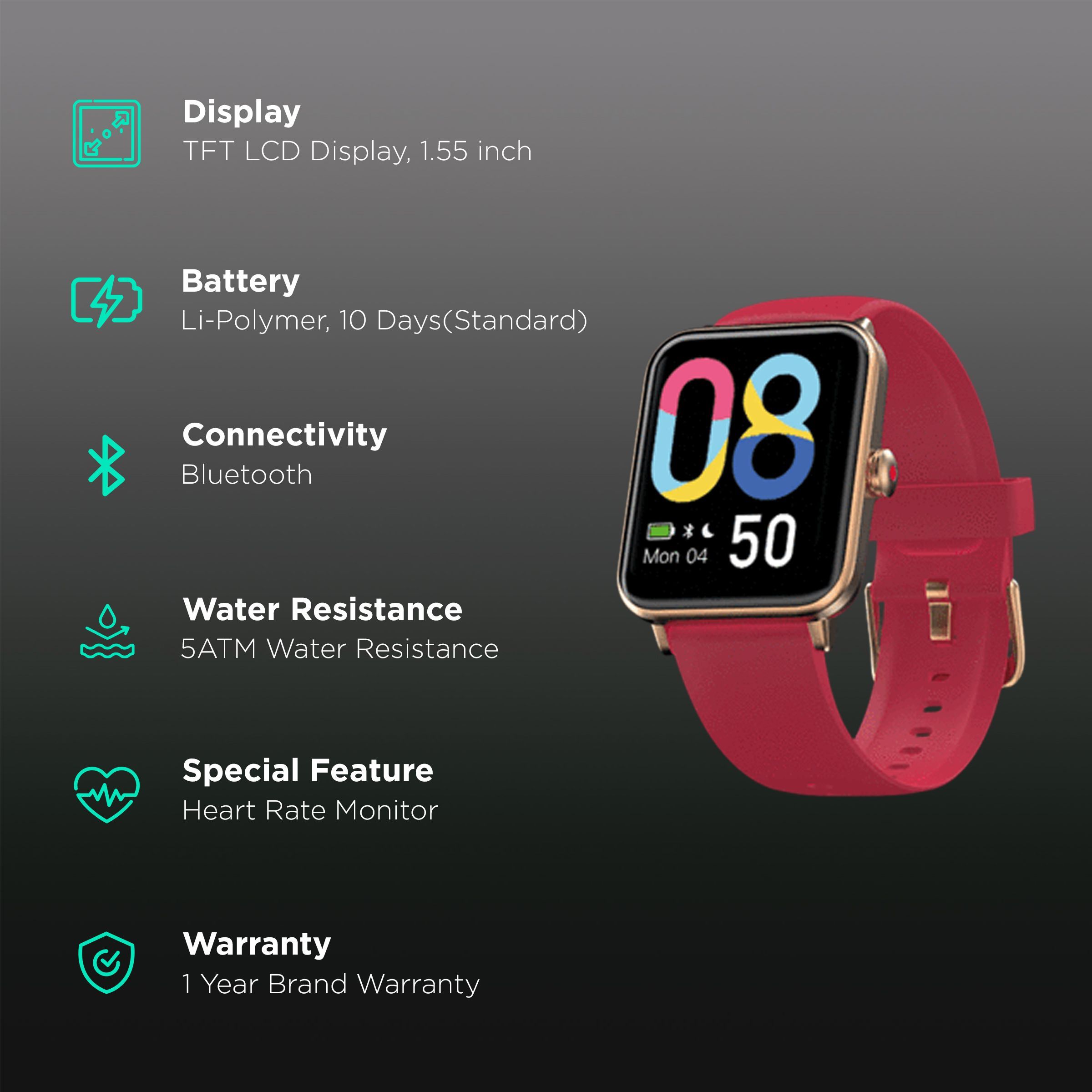 noise ColorFit Pro 3 Smartwatch with Activity Tracker (39.37mm TFT LCD Display, 5ATM Water Resistant, Rose Red Strap)_2